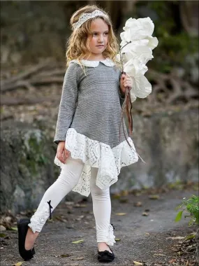 Girls Plaid Long Sleeve Lace School Peter Pan Collar And Ruffled Hem Tunic And Matching Bow Legging Set