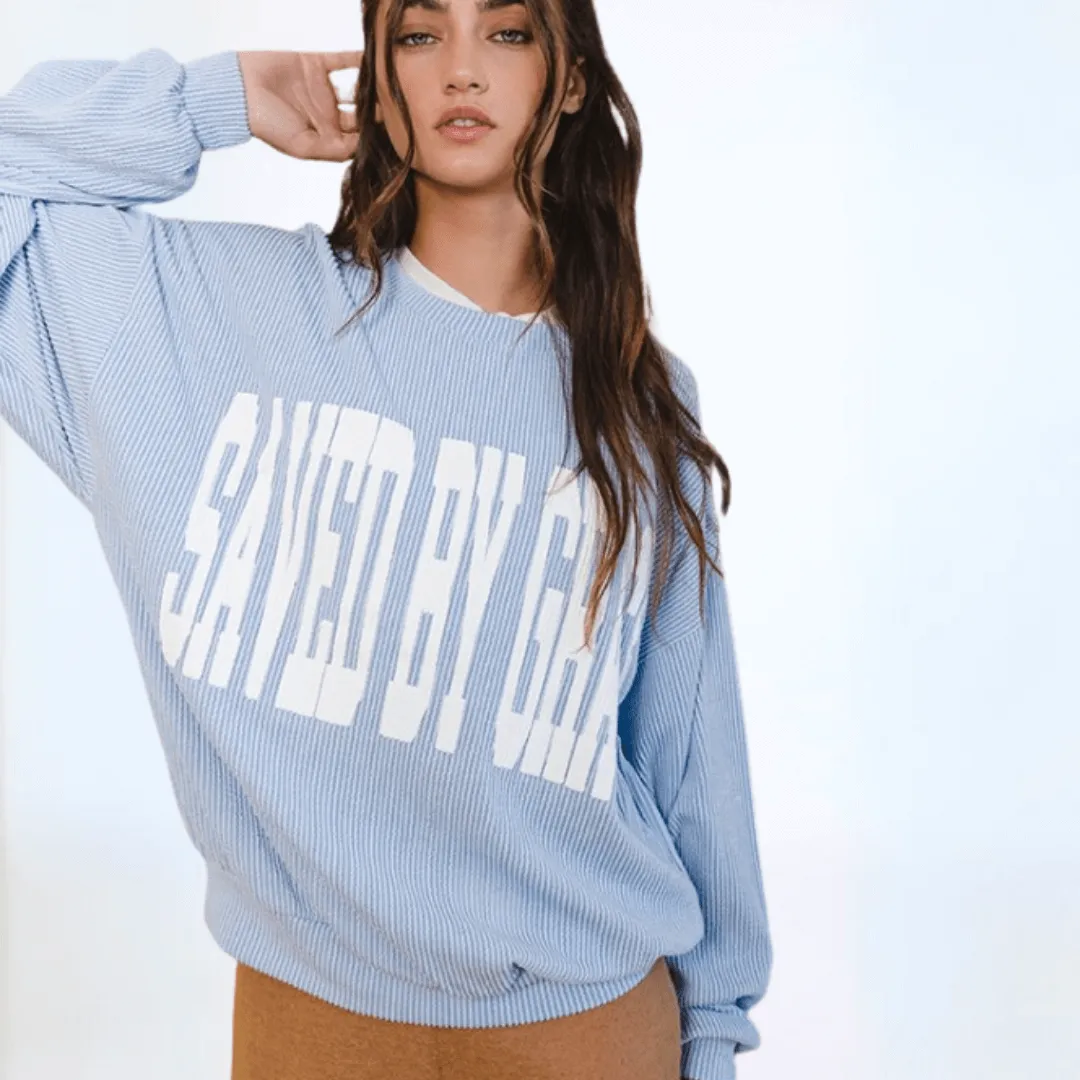 Graphic "SAVED BY GRACE" Oversized Sweatshirt Made in USA