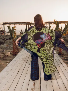 Green and purple printed turban kimono set