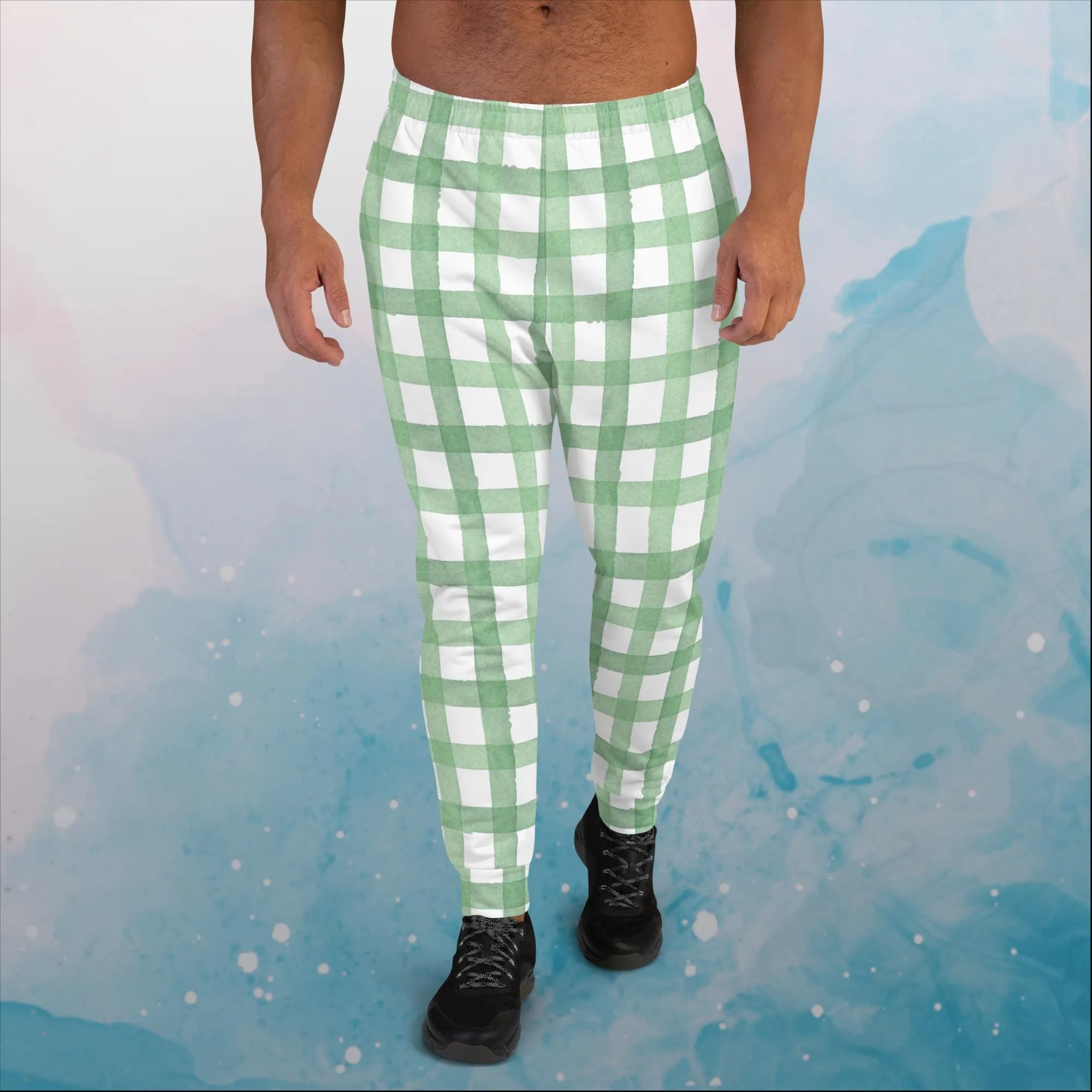 Green Gingham Print Mens Joggers