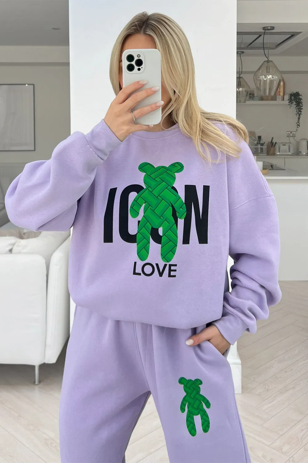 Green teddy lilac printed sweater loungewear set