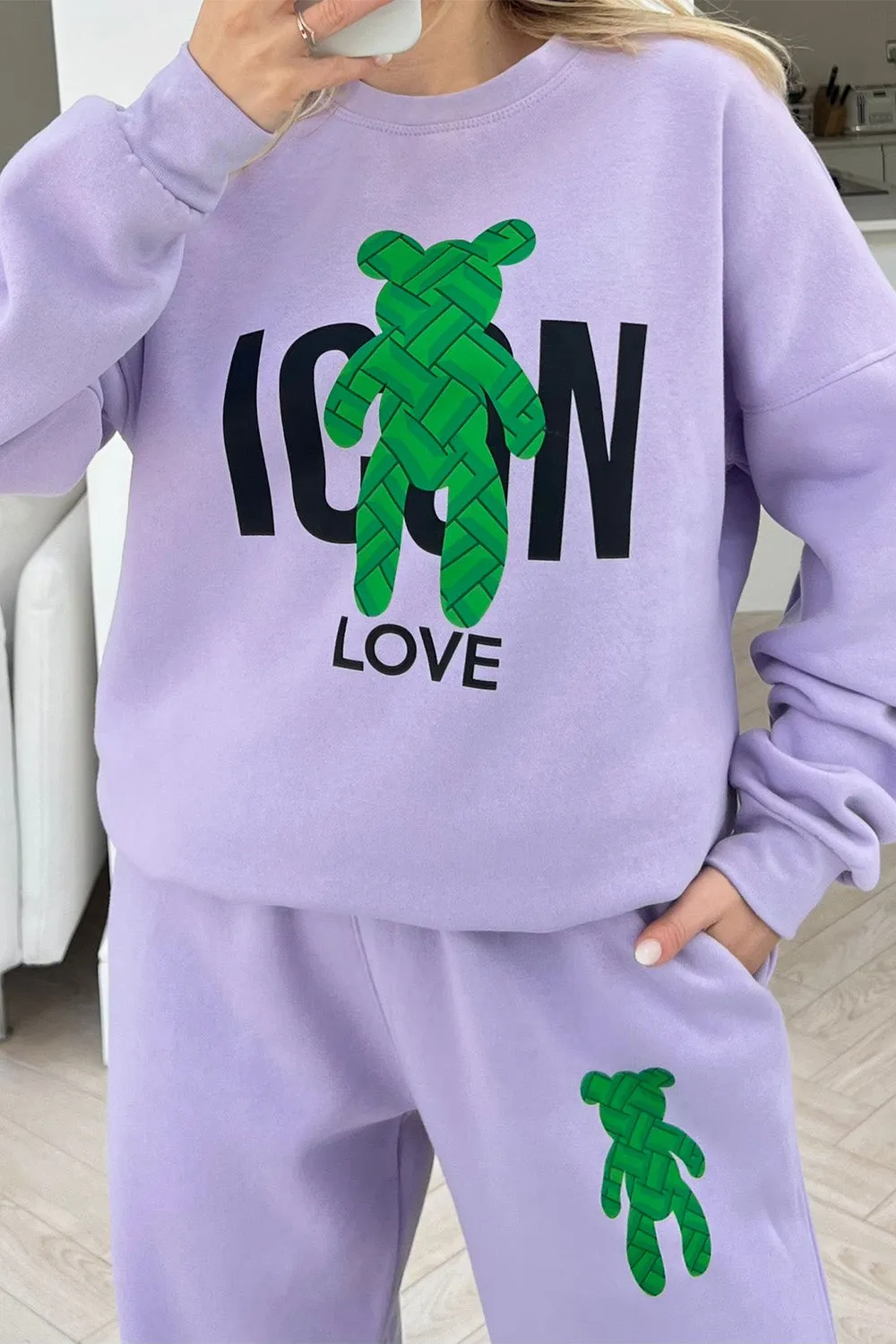 Green teddy lilac printed sweater loungewear set