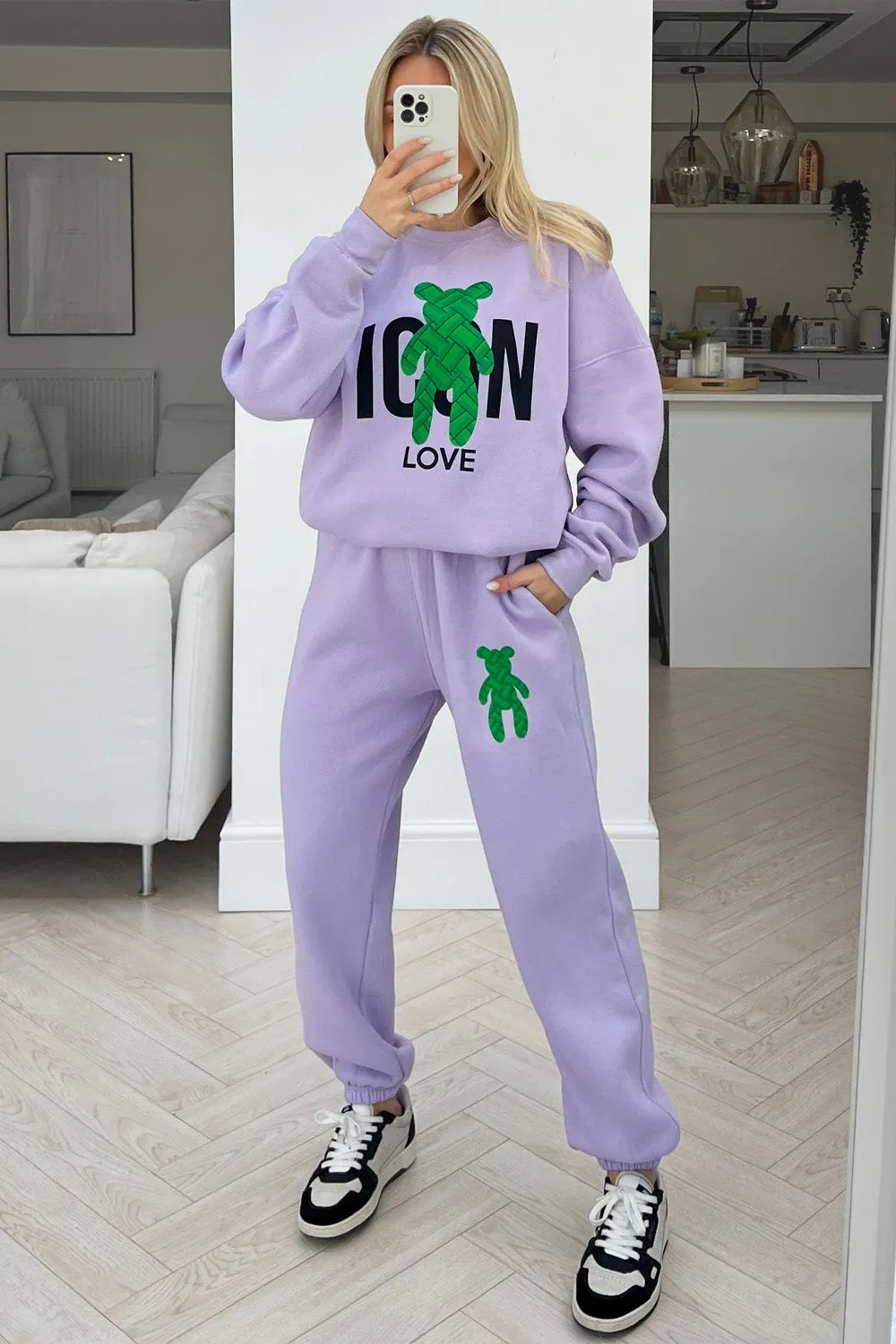 Green teddy lilac printed sweater loungewear set