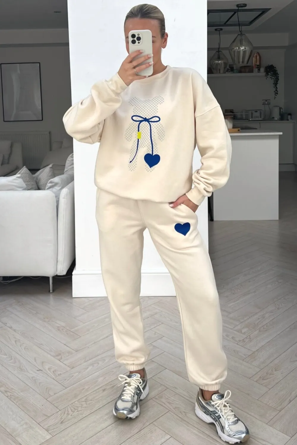 Heart teddy blue & ecru printed sweater loungewear set