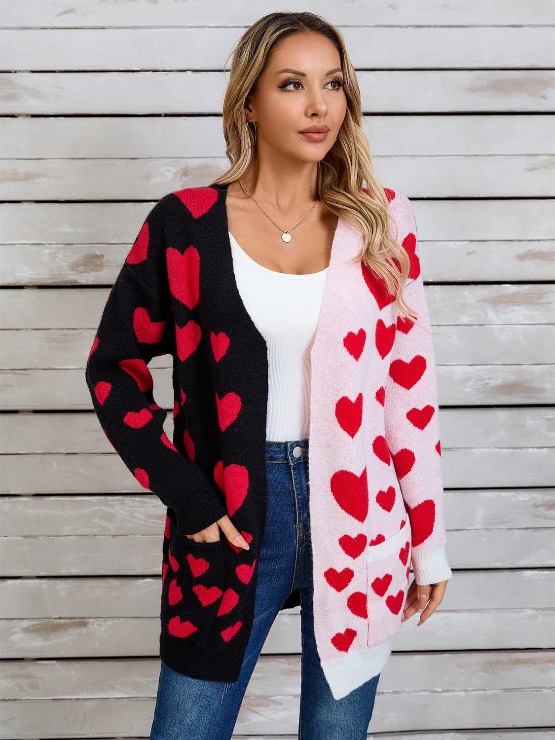 Hearts Open Front Long Sleeve Cardigan