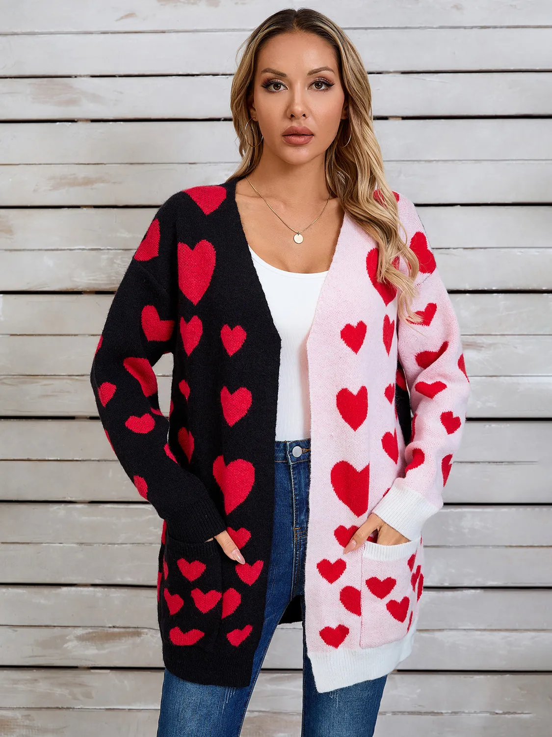 Hearts Open Front Long Sleeve Cardigan