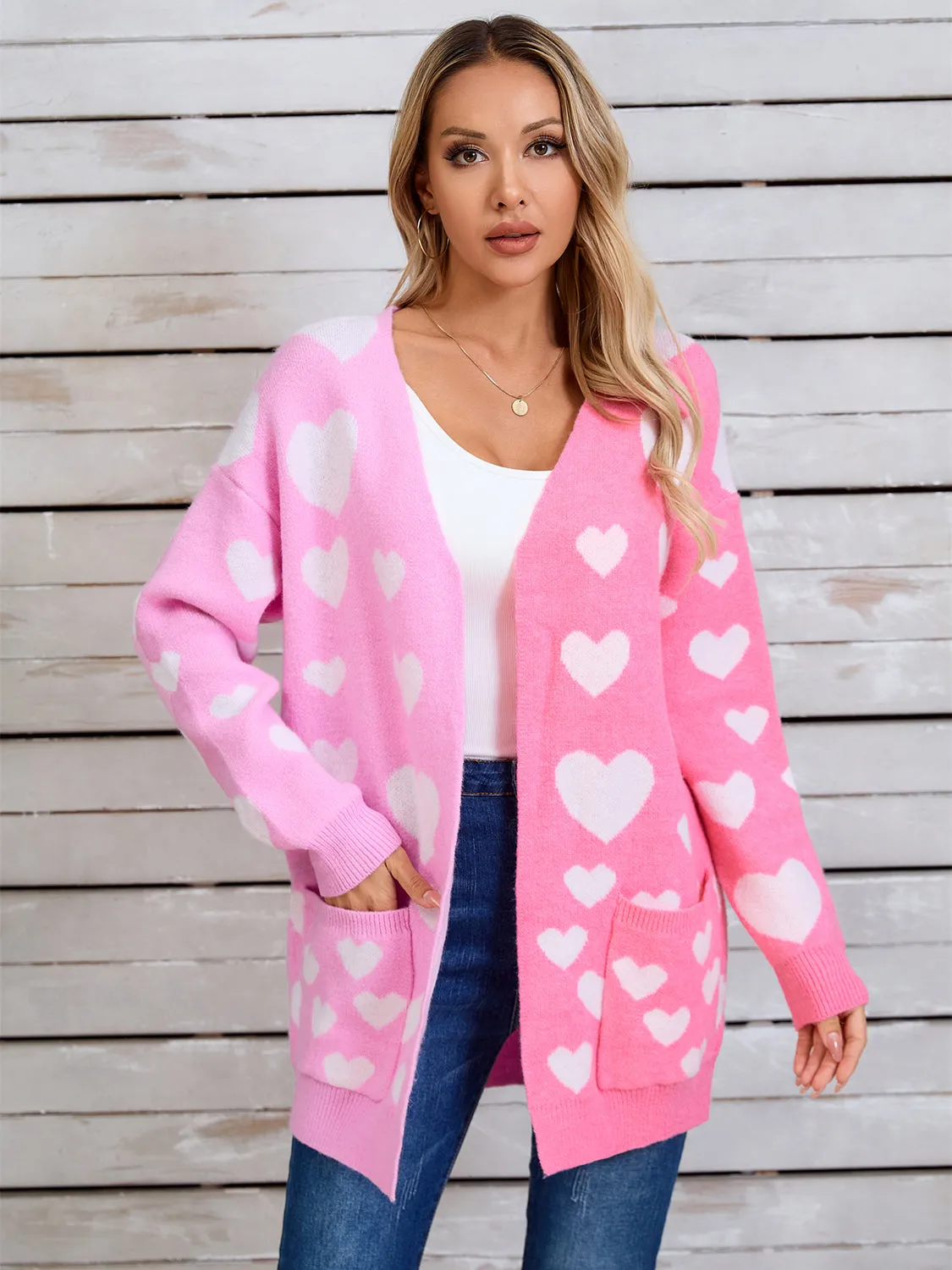 Hearts Open Front Long Sleeve Cardigan