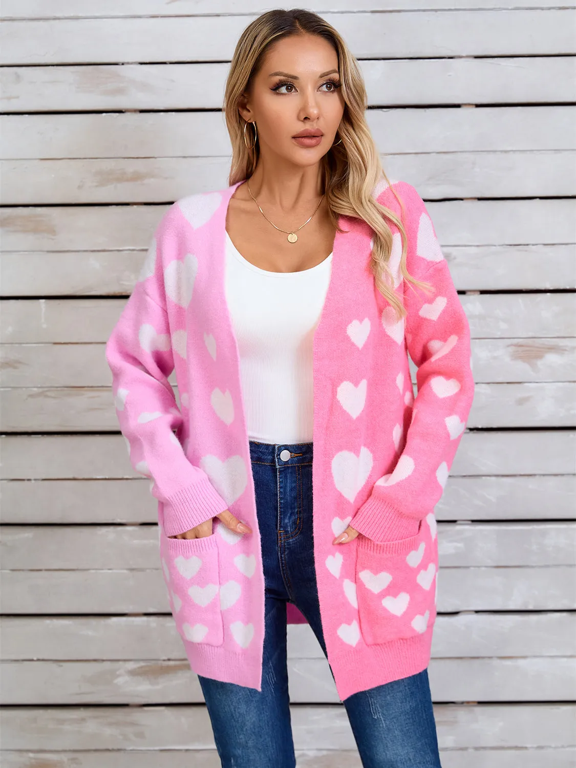 Hearts Open Front Long Sleeve Cardigan