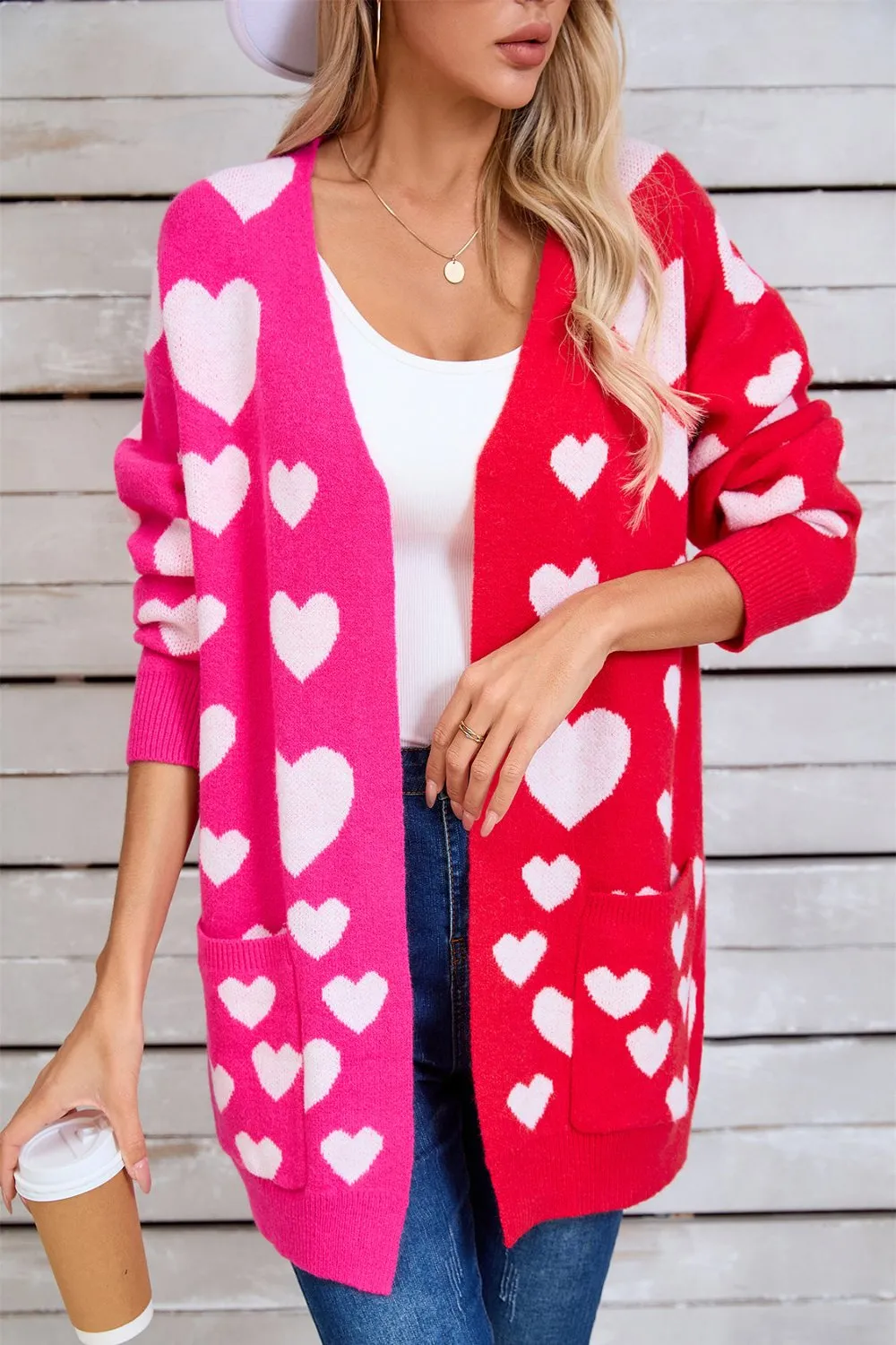 Hearts Open Front Long Sleeve Cardigan