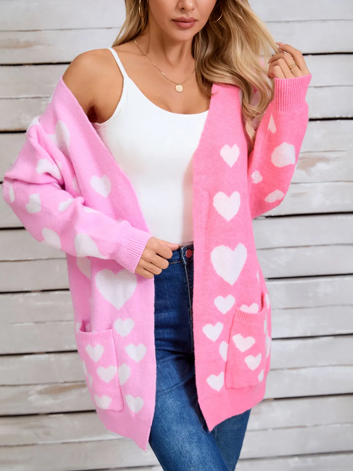 Hearts Open Front Long Sleeve Cardigan