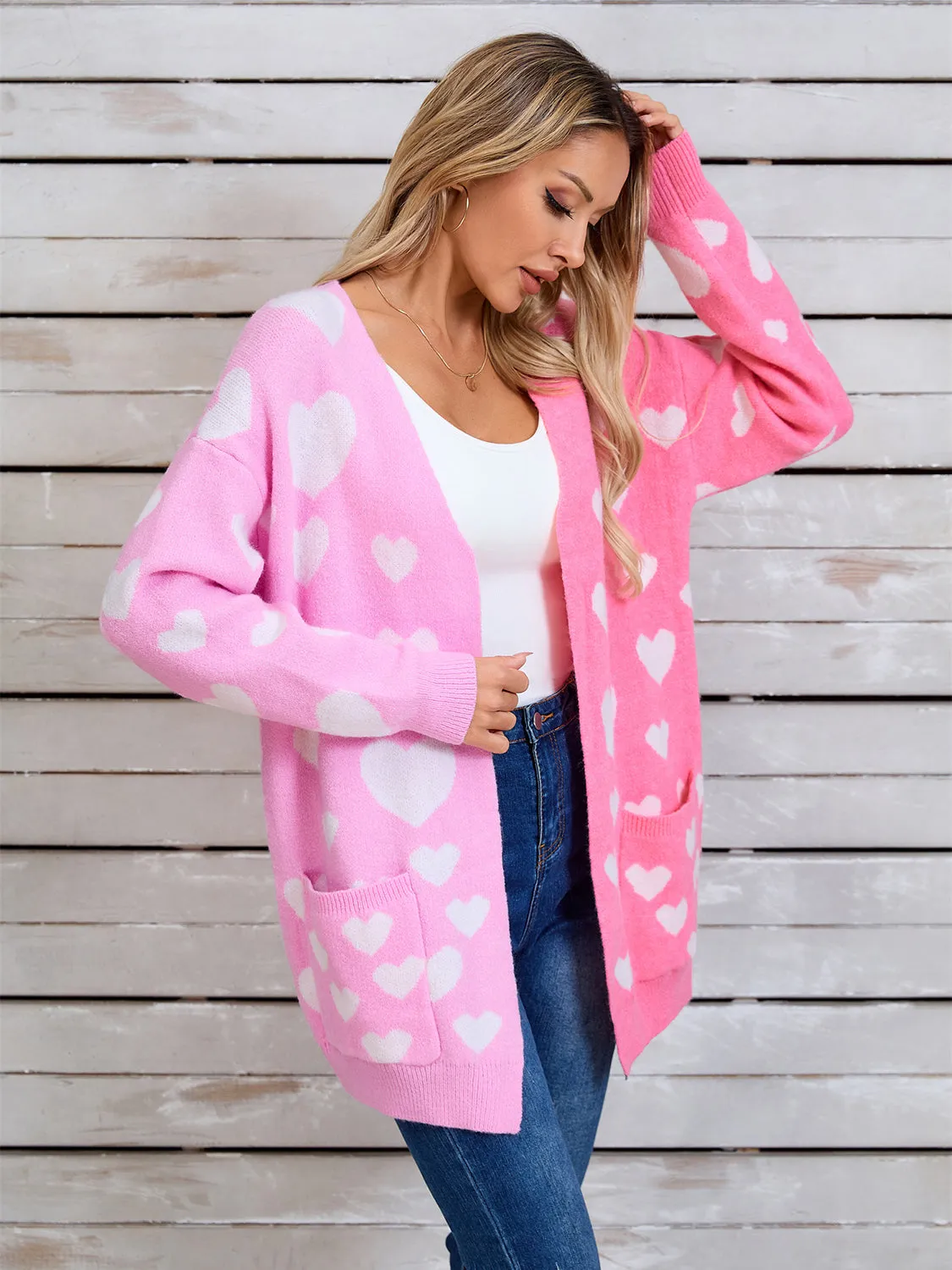 Hearts Open Front Long Sleeve Cardigan