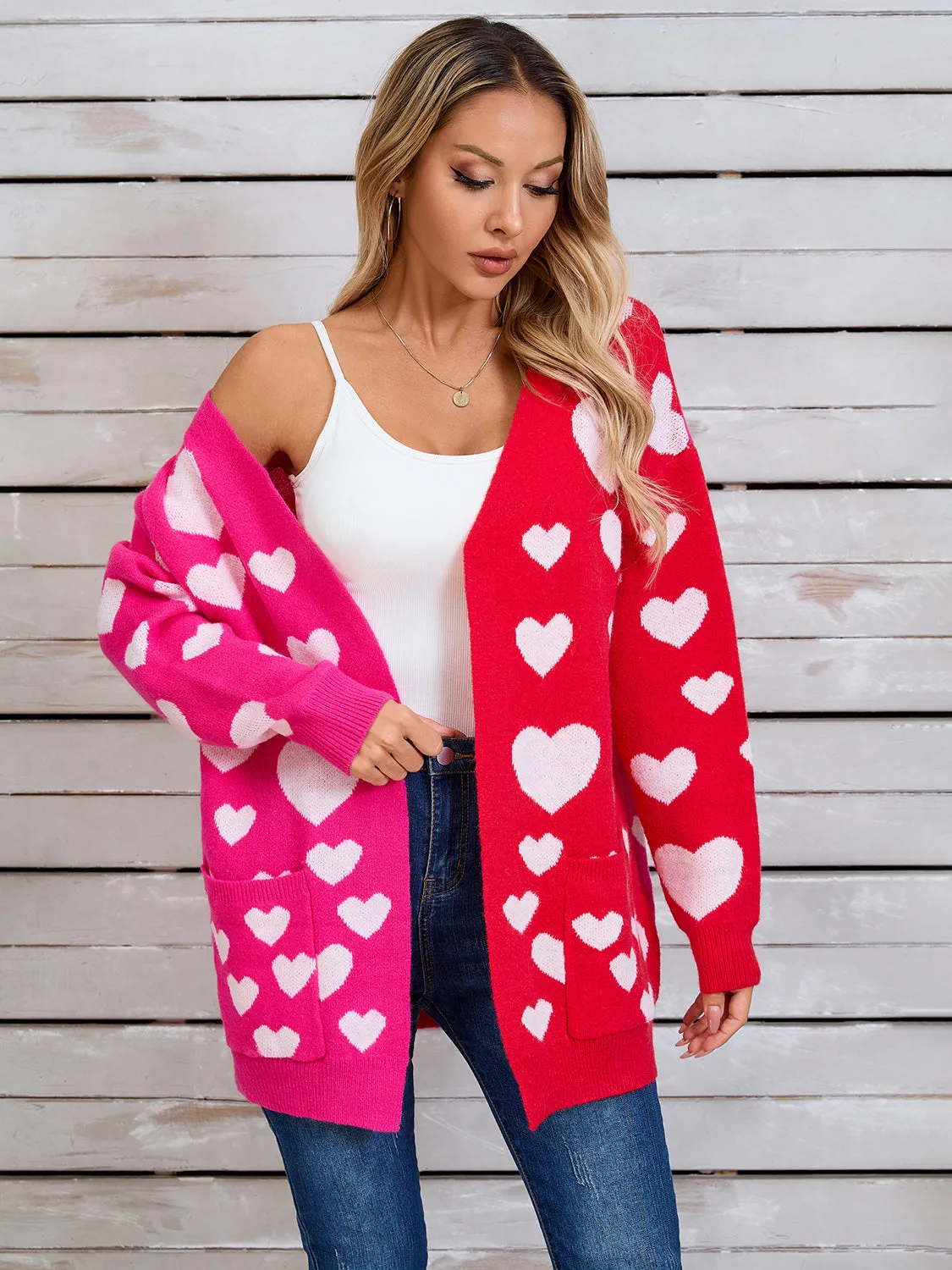 Hearts Open Front Long Sleeve Cardigan