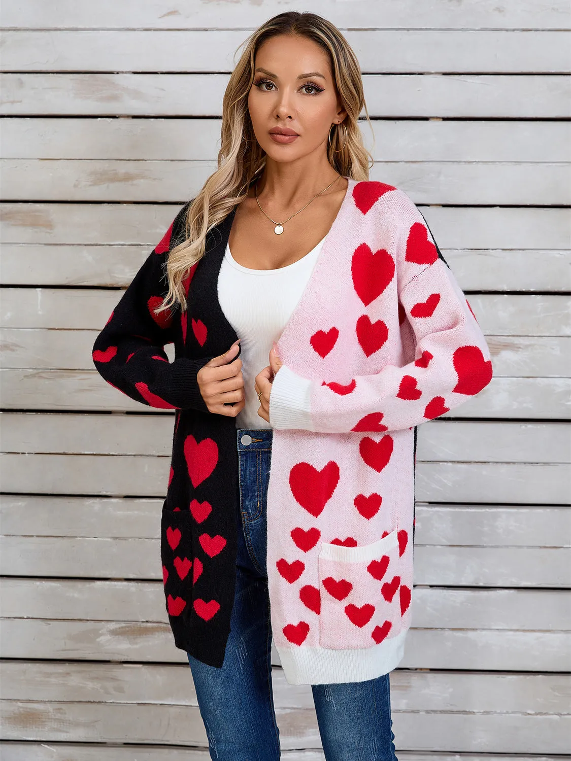 Hearts Open Front Long Sleeve Cardigan