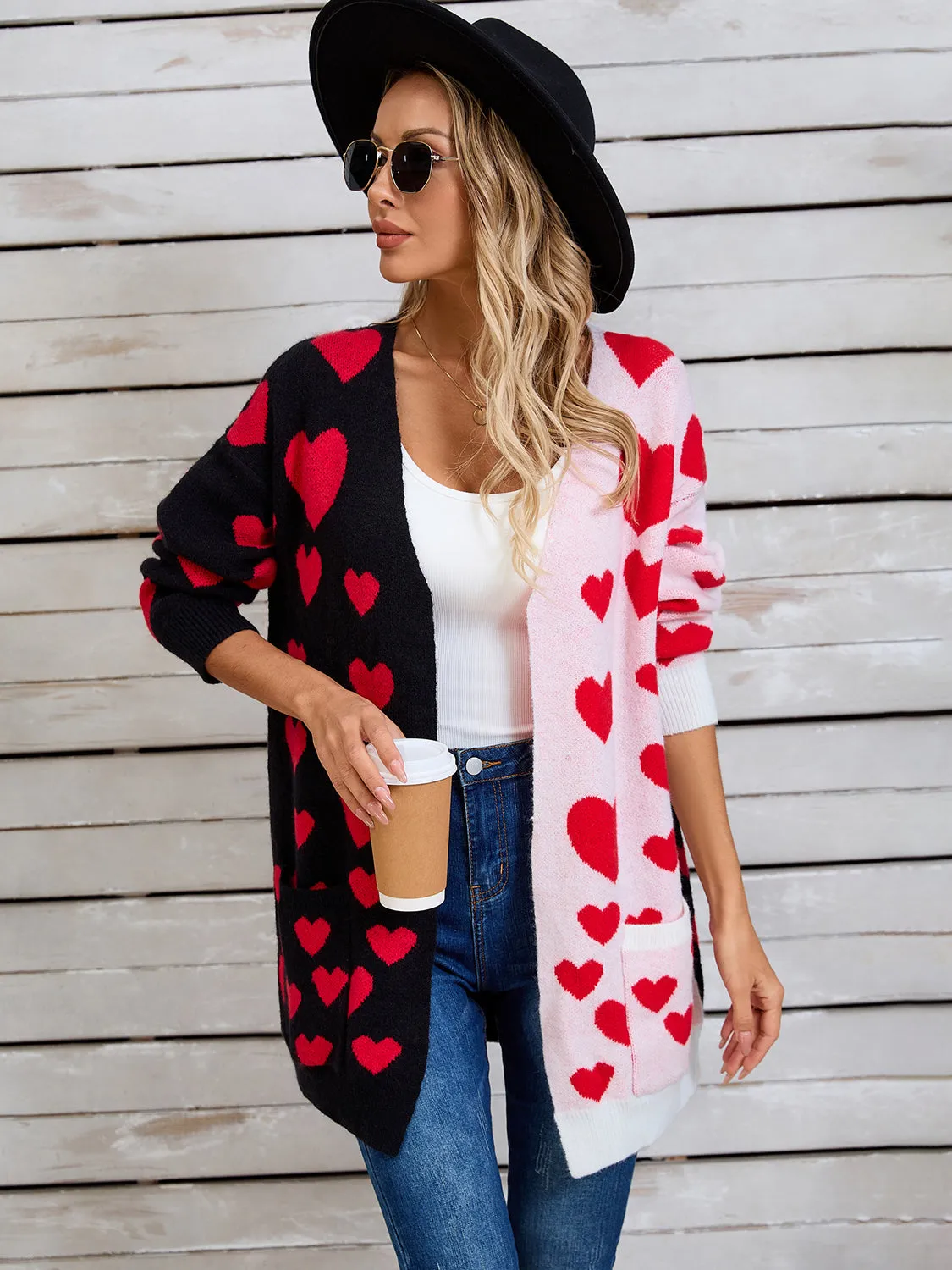 Hearts Open Front Long Sleeve Cardigan