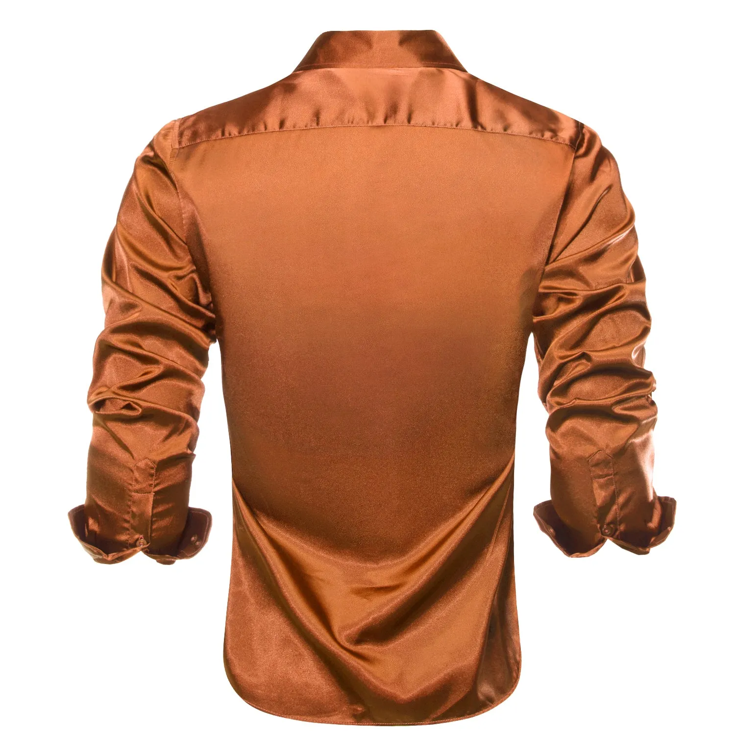 Hi-Tie Burnt Orange Brown Solid Satin Men's Long Sleeve Dress Shirt