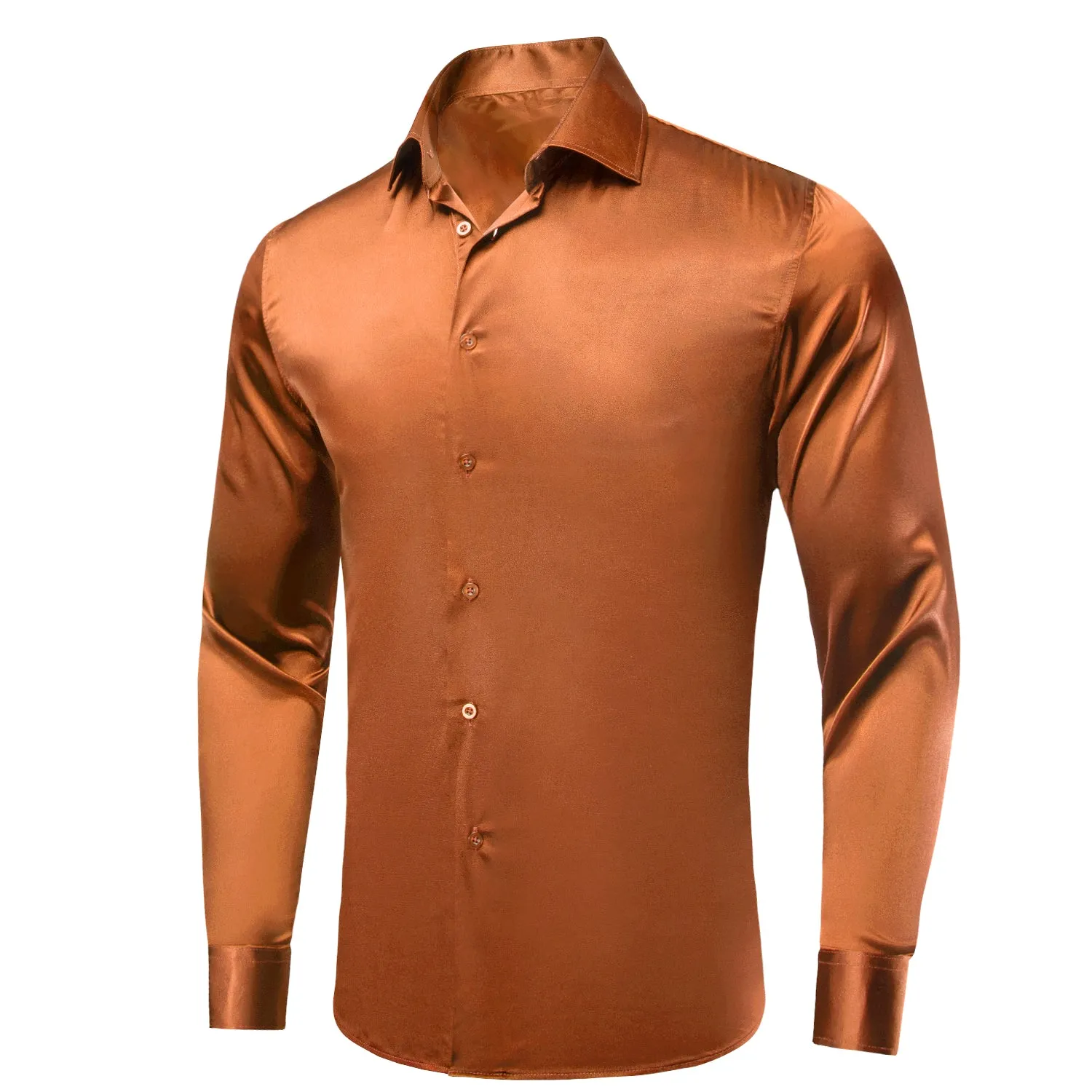 Hi-Tie Burnt Orange Brown Solid Satin Men's Long Sleeve Dress Shirt