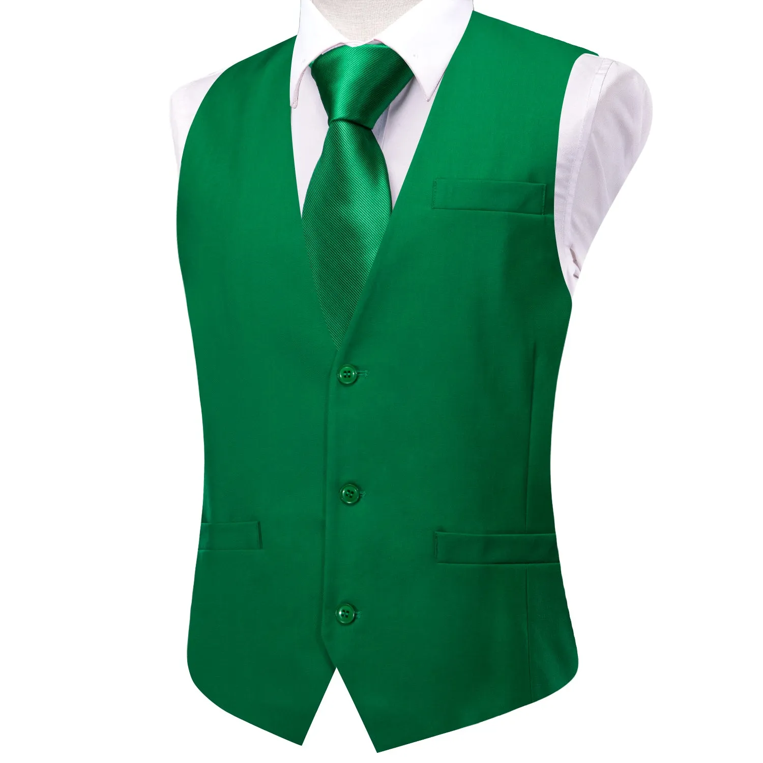 Hi-Tie Forest Green Waistcoat Solid Silk Style Mens Single V-Neck Vest