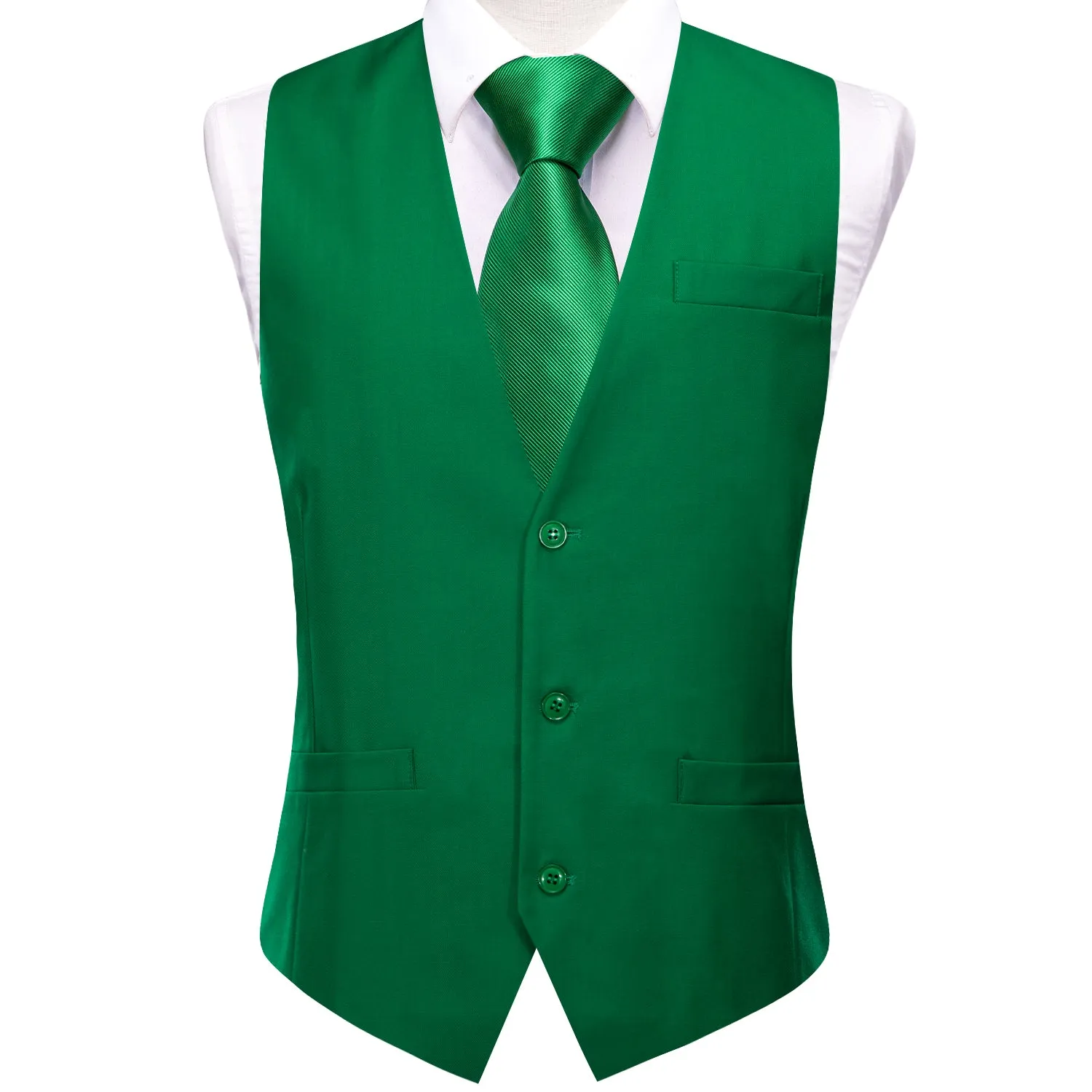 Hi-Tie Forest Green Waistcoat Solid Silk Style Mens Single V-Neck Vest