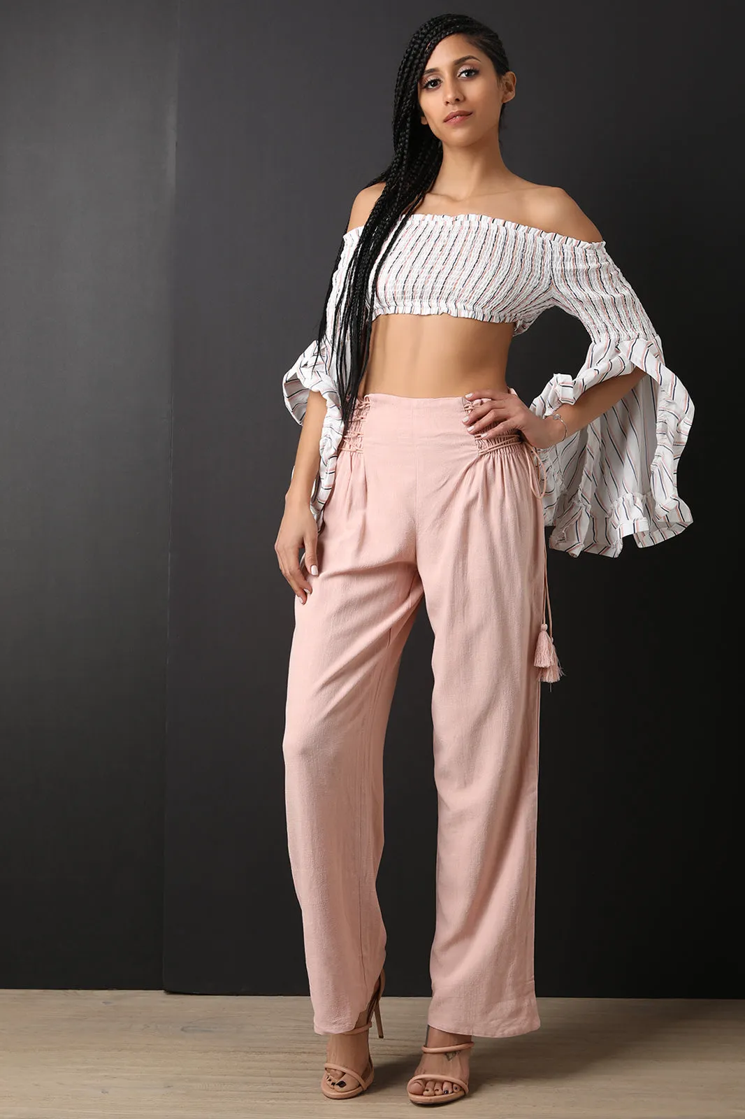 High Rise Smocked Lace Up Flared Pants