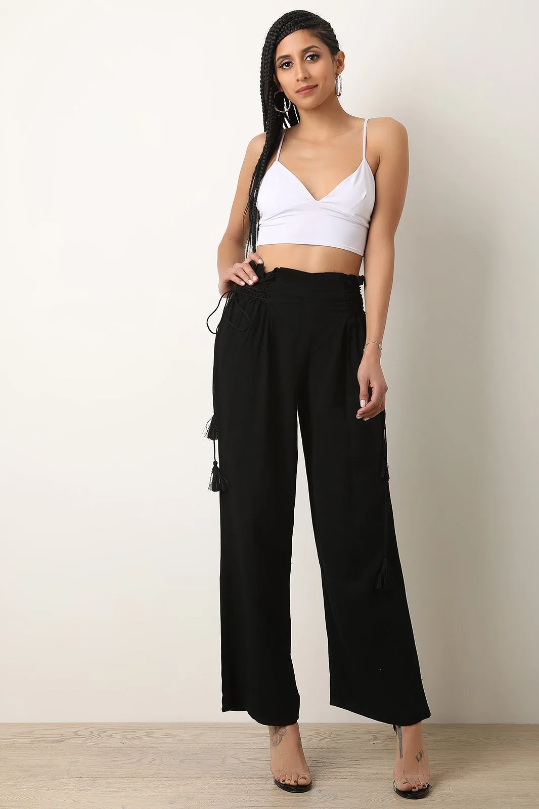 High Rise Smocked Lace Up Flared Pants