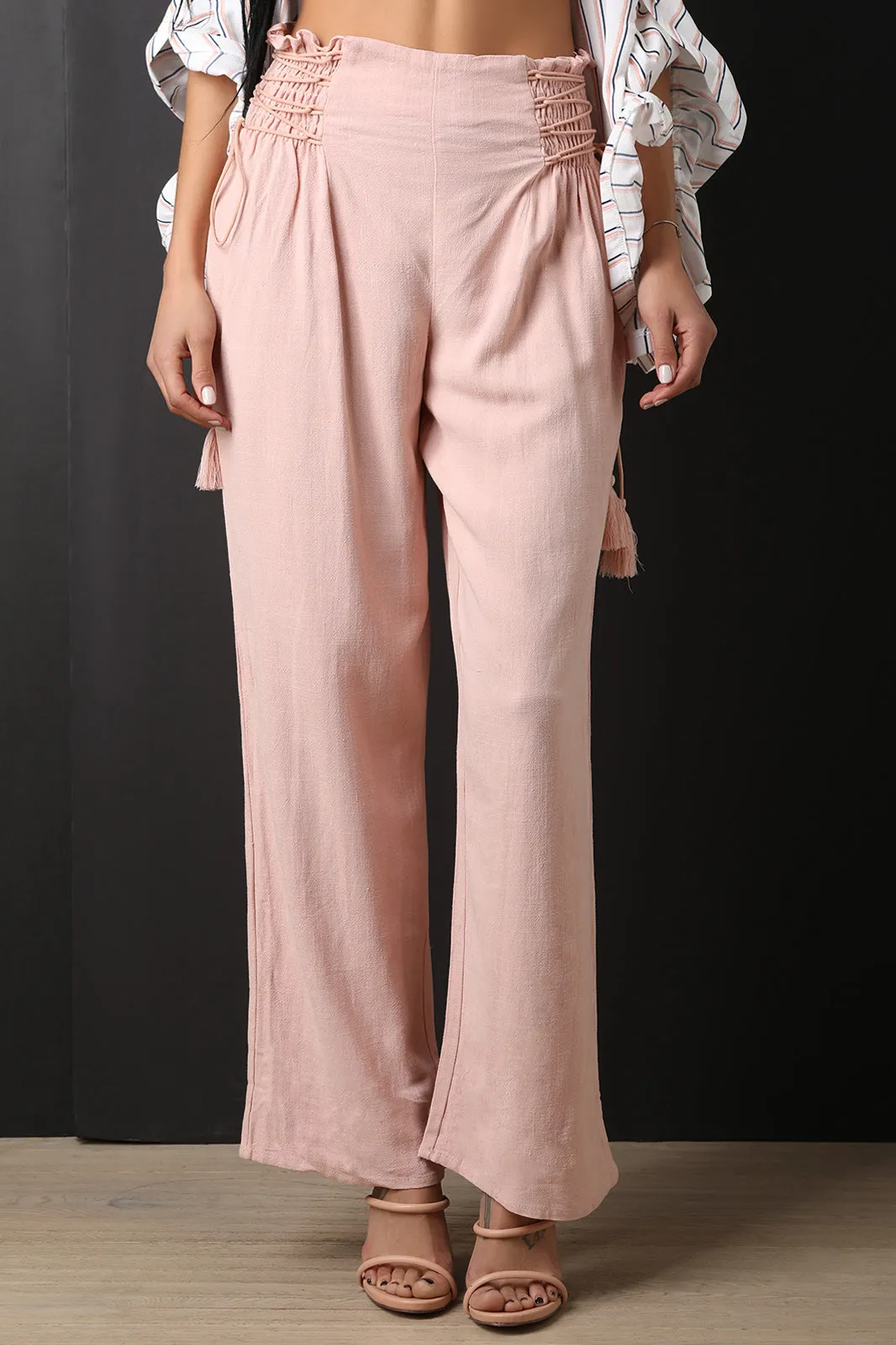 High Rise Smocked Lace Up Flared Pants