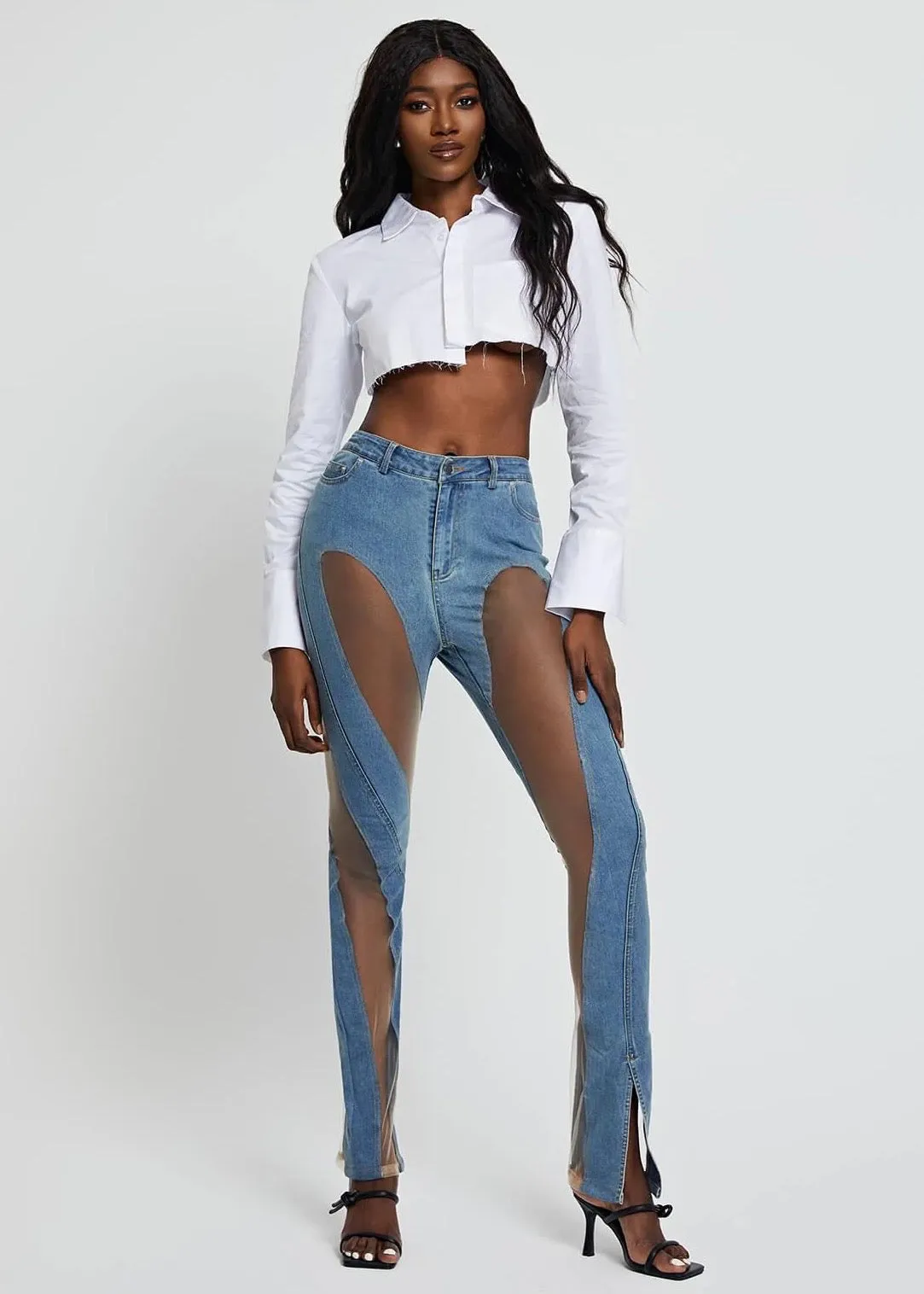 High Waist Mesh Inserts Tight Denim Pants