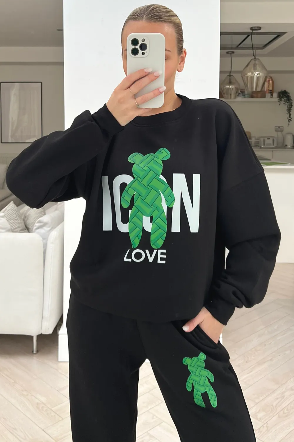 icon teddy black printed sweater loungewear set