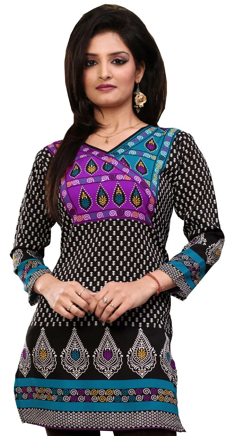 Indian Tunics Kurti Top Blouse Womens Printed India Apparel (Black)