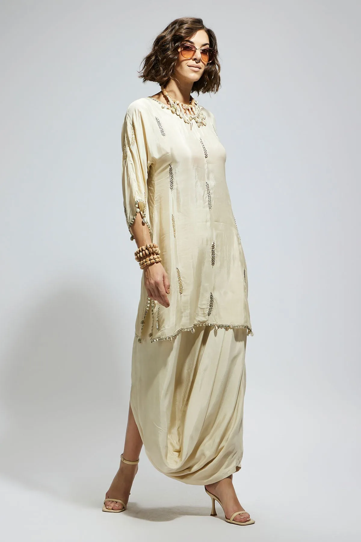 Ivory Embellished Tunic with Drape Skirt