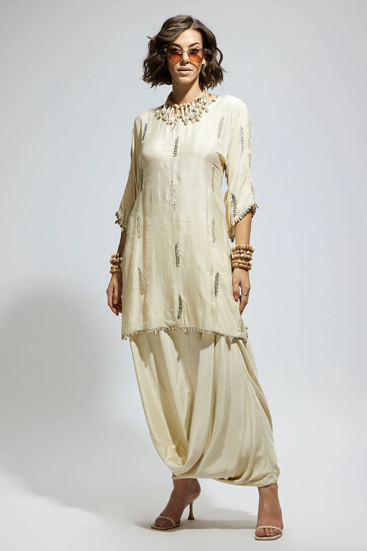 Ivory Embellished Tunic with Drape Skirt