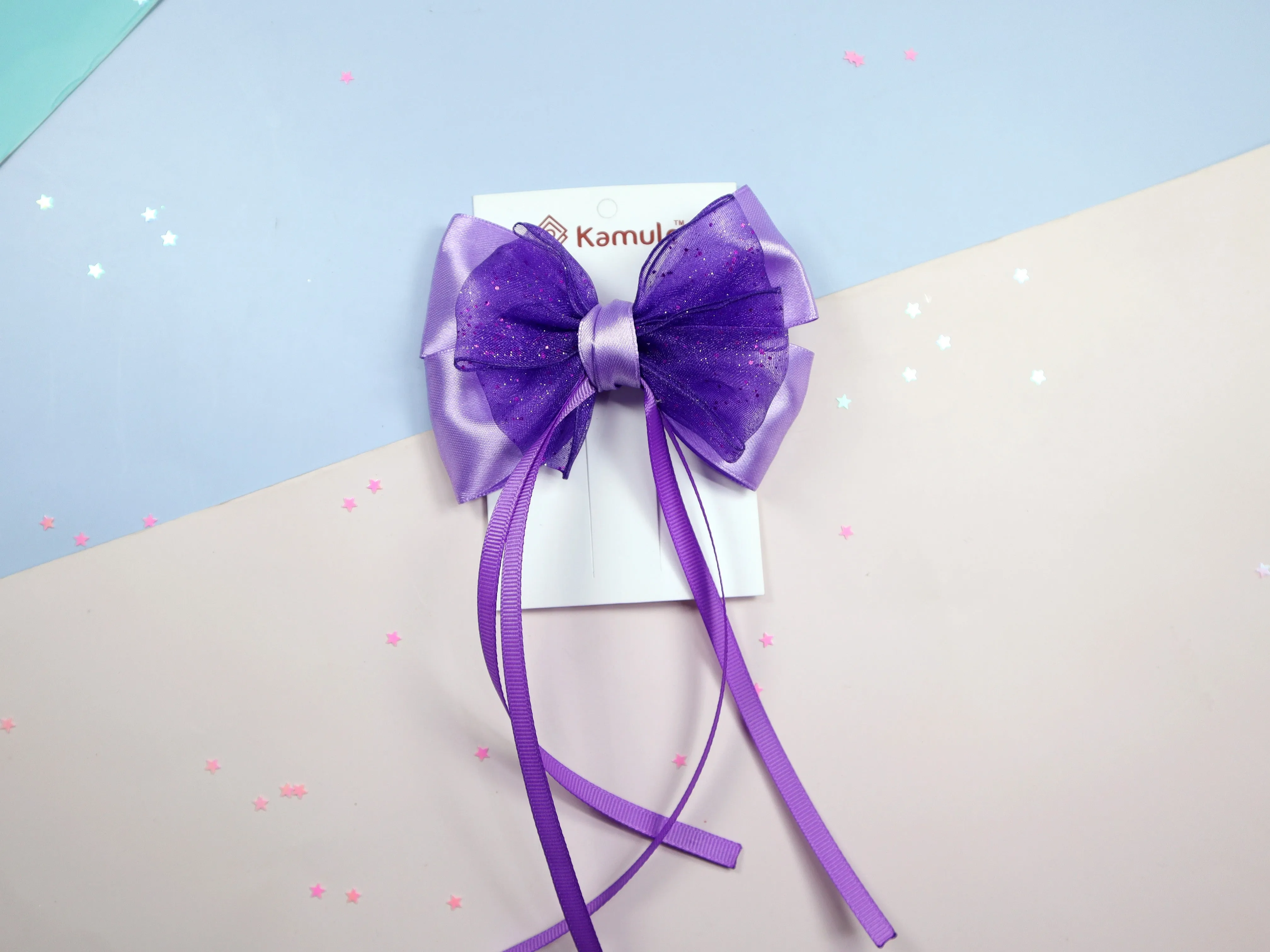 Kamule Net and Satin Layered Satin Detailed Bow - Pack of 1 - Purple