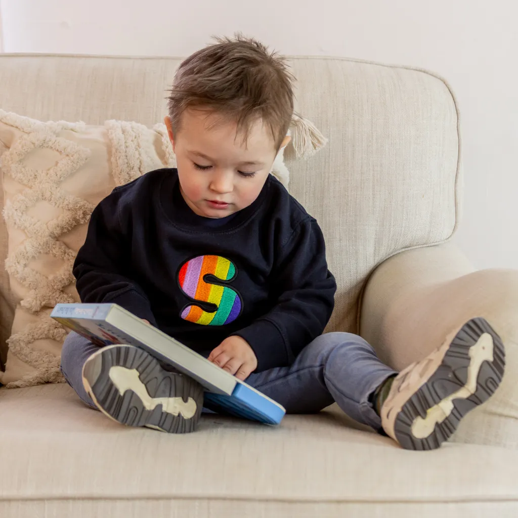 Kids Personalised Rainbow Embroidered Initial Navy Sweatshirt