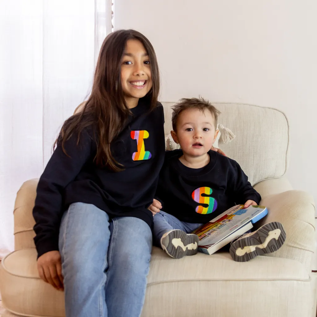 Kids Personalised Rainbow Embroidered Initial Navy Sweatshirt