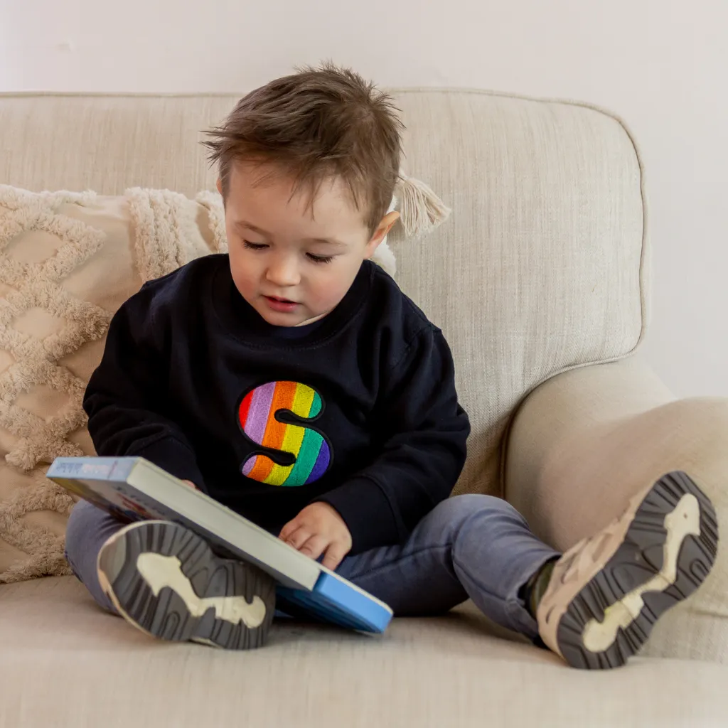 Kids Personalised Rainbow Embroidered Initial Navy Sweatshirt