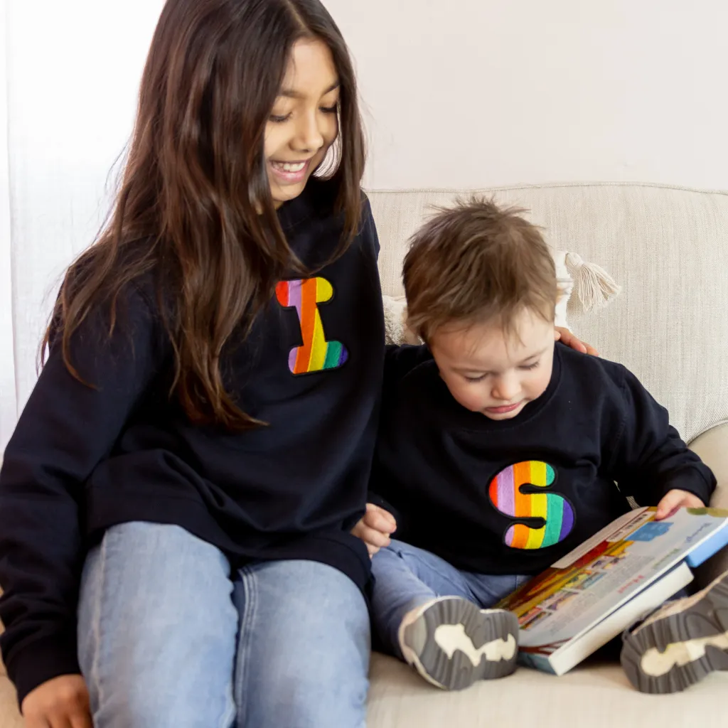 Kids Personalised Rainbow Embroidered Initial Navy Sweatshirt