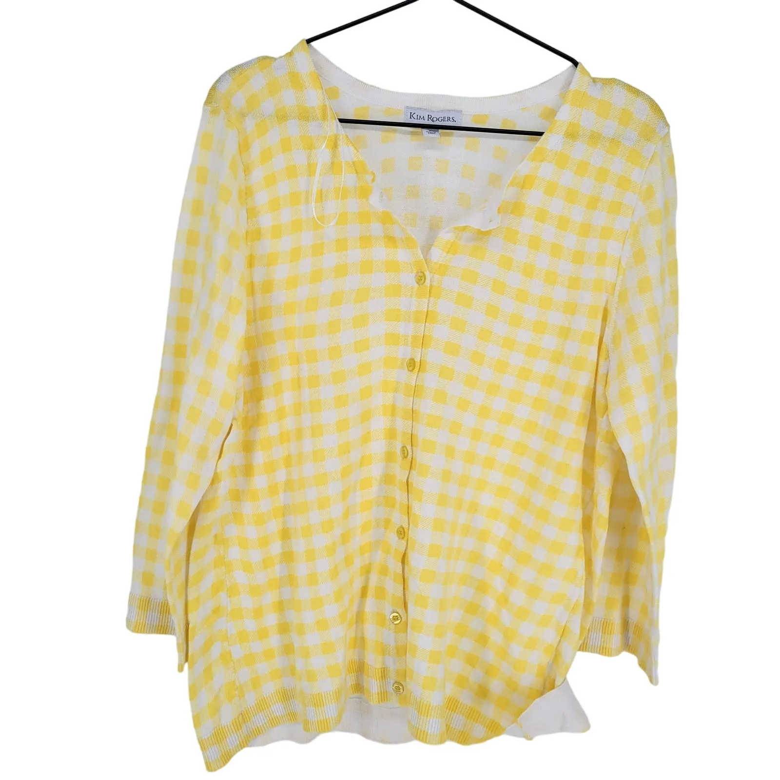 Kim Rogers Womens Sz L Lightweight Bright Yellow Buffalo Plaid Cardigan Sweater