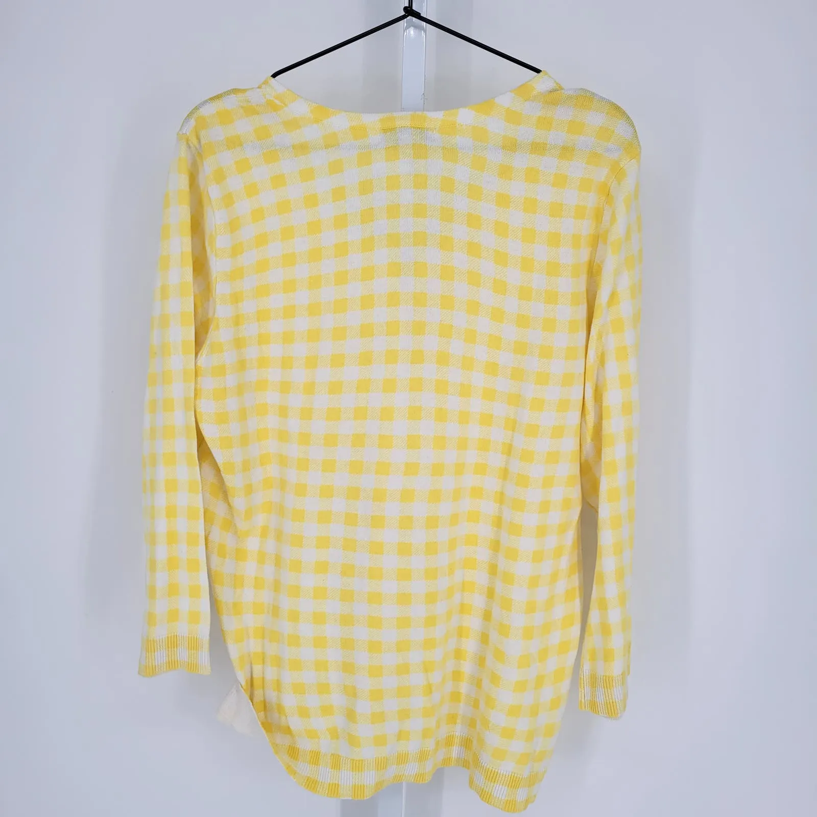 Kim Rogers Womens Sz L Lightweight Bright Yellow Buffalo Plaid Cardigan Sweater