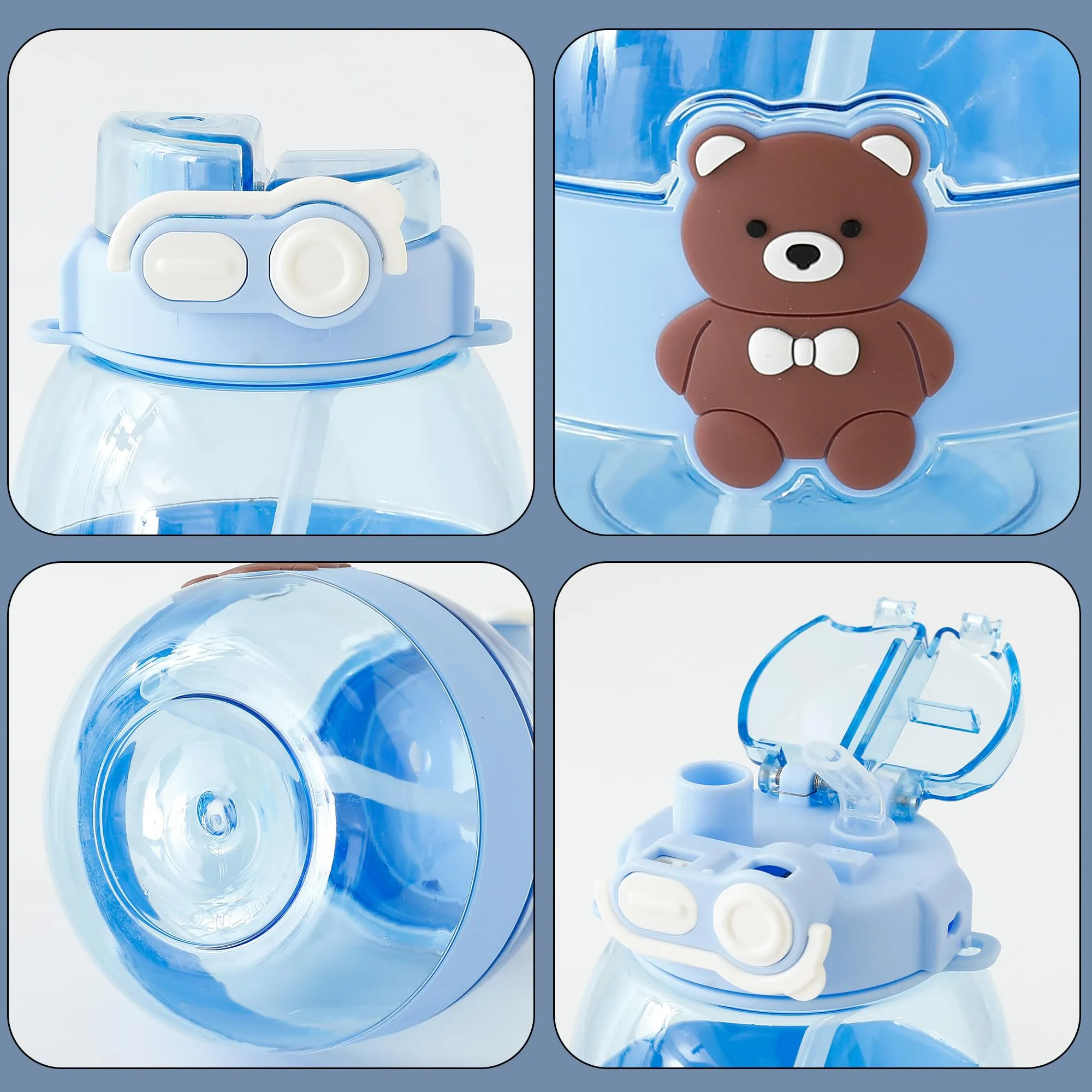 Kuber Industries Kids Pack of 3 Water Bottle With Straw |Cute Teddy Bear Sipper Water Bottle For Kids Boys Girls| Water Bottle with Locking Flip Lid | 1000 ML | Blue | SYZ-7730C