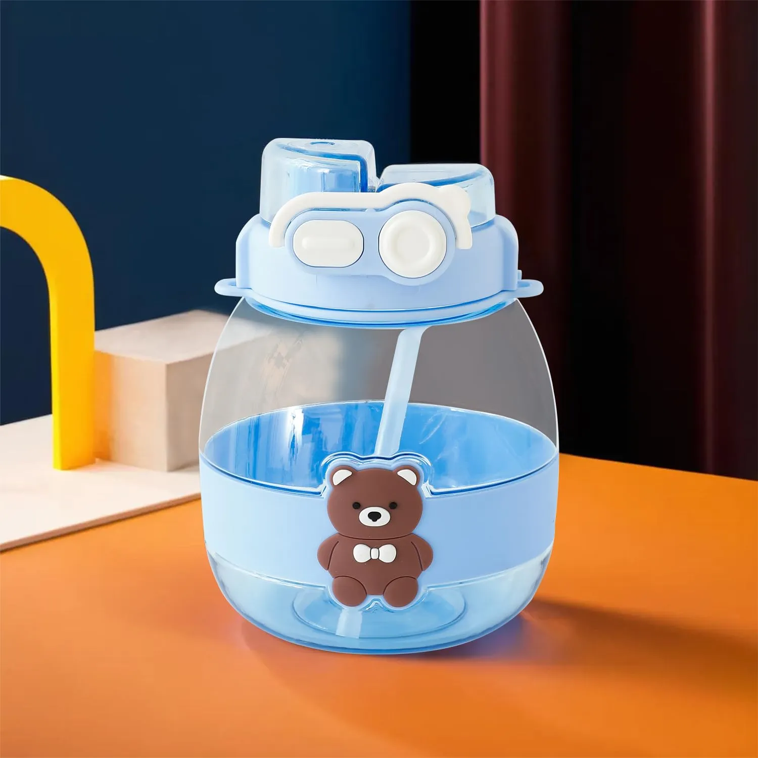 Kuber Industries Kids Pack of 3 Water Bottle With Straw |Cute Teddy Bear Sipper Water Bottle For Kids Boys Girls| Water Bottle with Locking Flip Lid | 1000 ML | Blue | SYZ-7730C