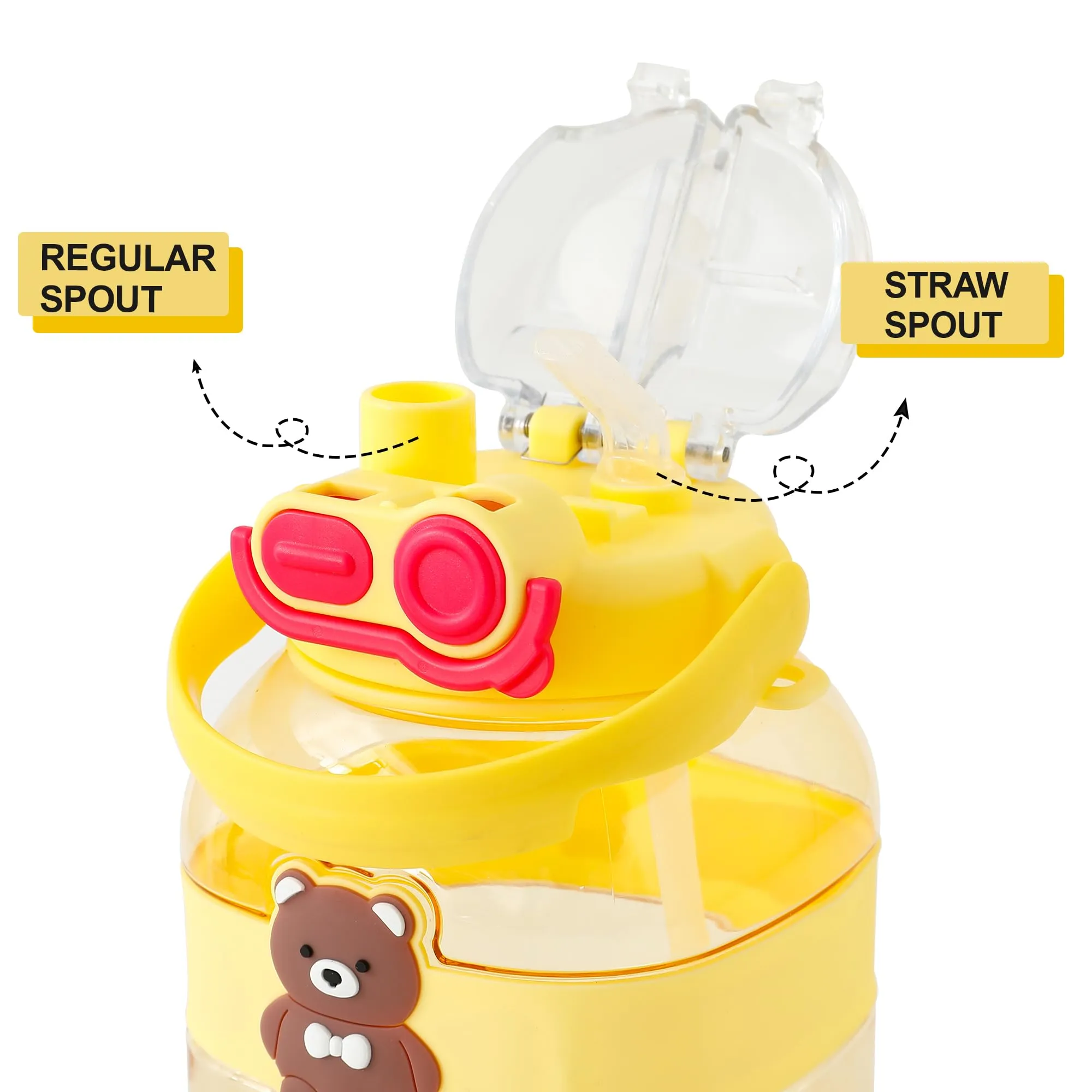 Kuber Industries Pack of 3 Kids Water Bottle With Straw |Cute Teddy Bear Sipper Water Bottle For Kids Boys Girls| Water Bottle with Locking Flip Lid | 1000 ML | Yellow | SYZ-7728B