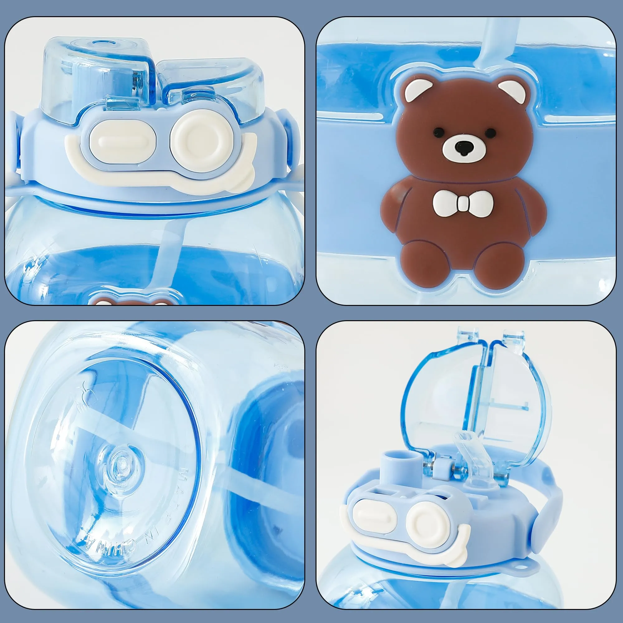 Kuber Industries Pack of 4 Kids Water Bottle With Straw |Cute Teddy Bear Sipper Water Bottle For Kids Boys Girls| Water Bottle with Locking Flip Lid | 1000 ML | Blue | SYZ-7728C