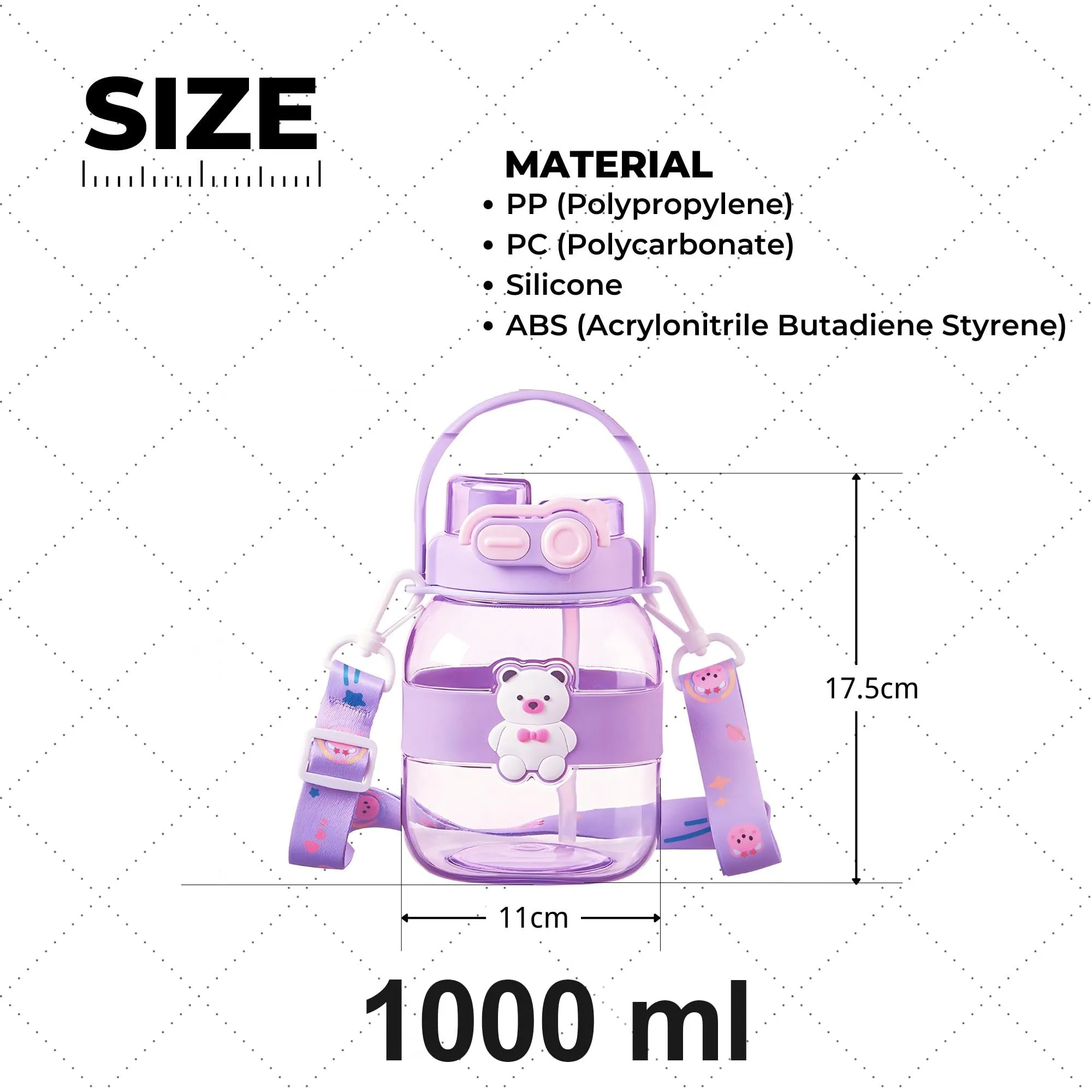 Kuber Industries Pack of 4 Kids Water Bottle With Straw |Cute Teddy Bear Sipper Water Bottle For Kids Boys Girls| Water Bottle with Locking Flip Lid | 1000 ML | Purple | SYZ-7728A