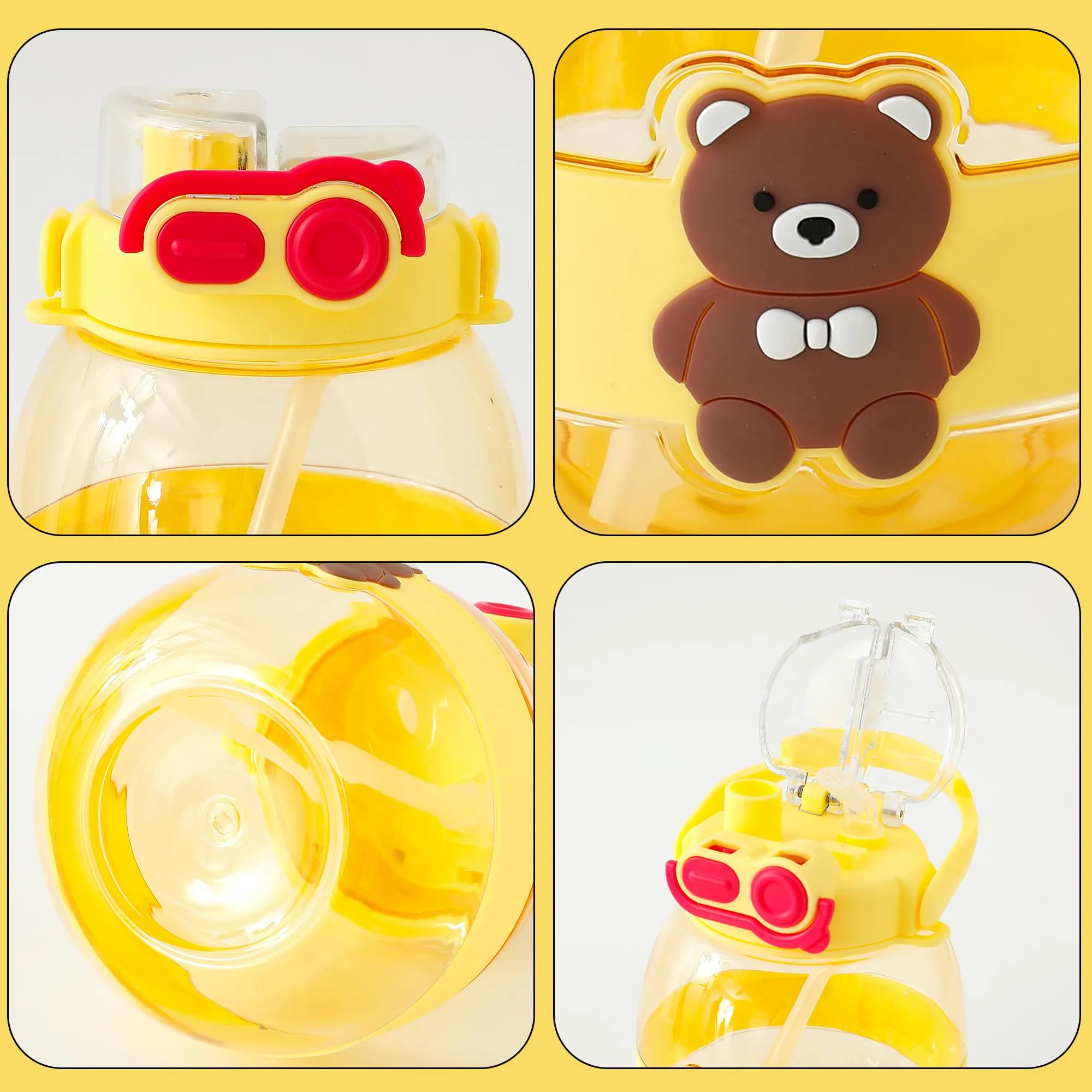 Kuber Industries Pack of 6 Kids Water Bottle With Straw |Cute Teddy Bear Sipper Water Bottle For Kids Boys Girls| Water Bottle with Locking Flip Lid | 1000 ML | Yellow | SYZ-7730B