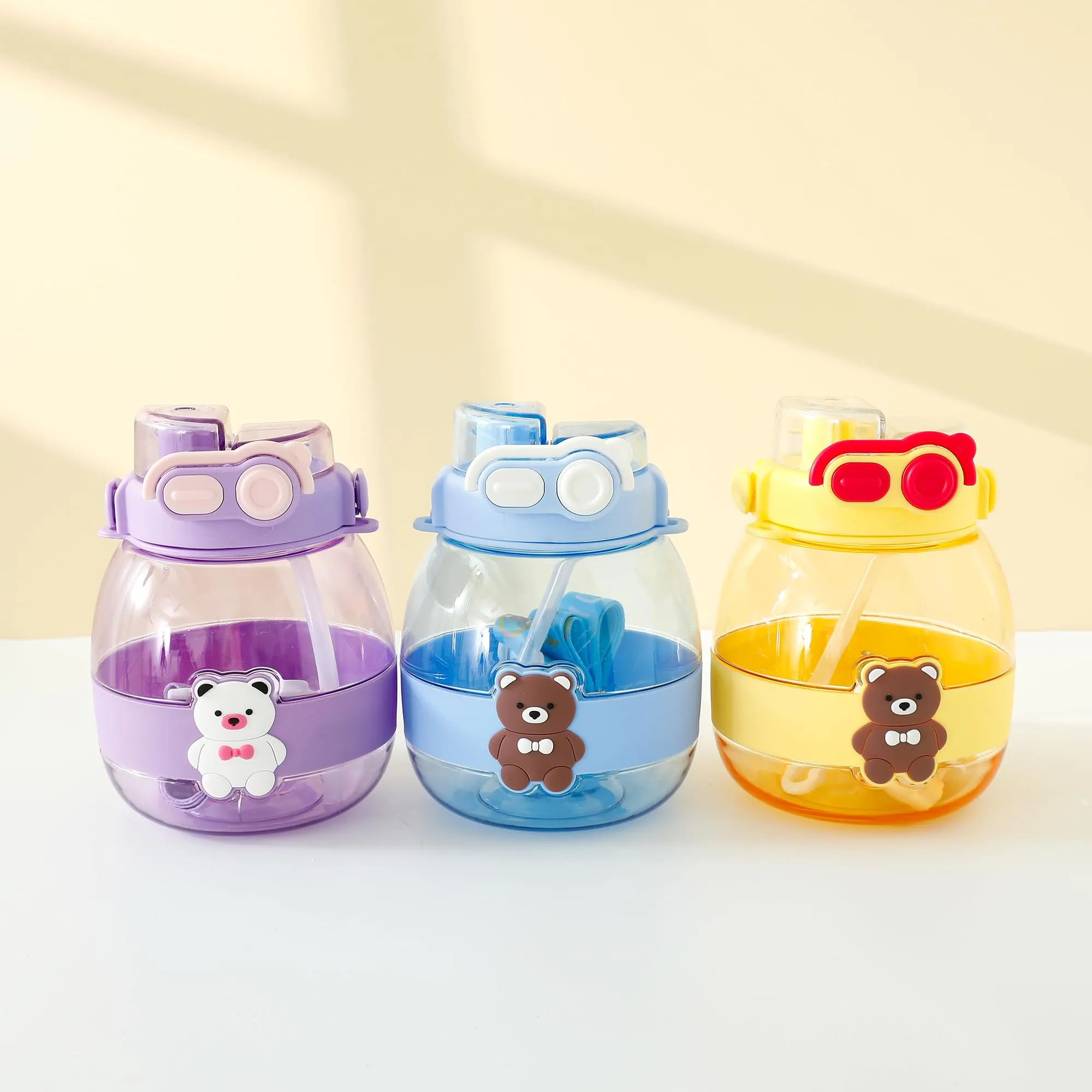 Kuber Industries Pack of 6 Kids Water Bottle With Straw |Cute Teddy Bear Sipper Water Bottle For Kids Boys Girls| Water Bottle with Locking Flip Lid | 1000 ML | Yellow | SYZ-7730B