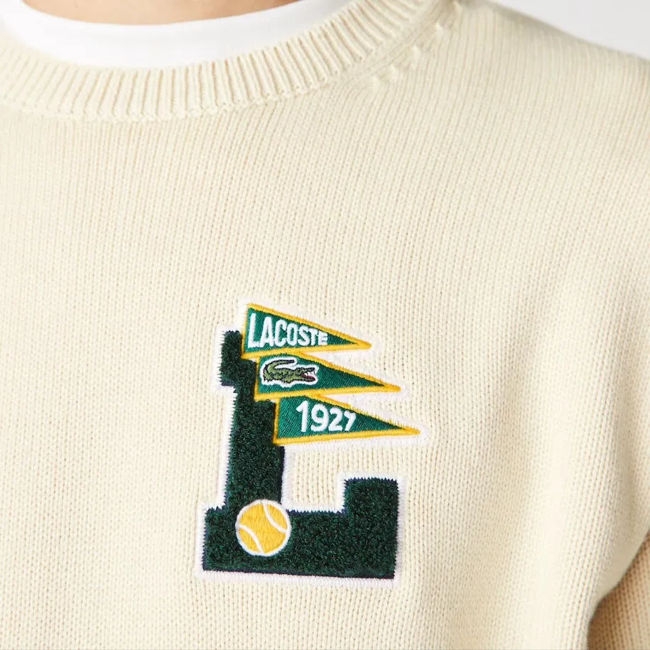 Lacoste Mens Crew Neck Pennants L Badge Wool And Cotton Sweater Beige/Navy Blue AH6789 JY1