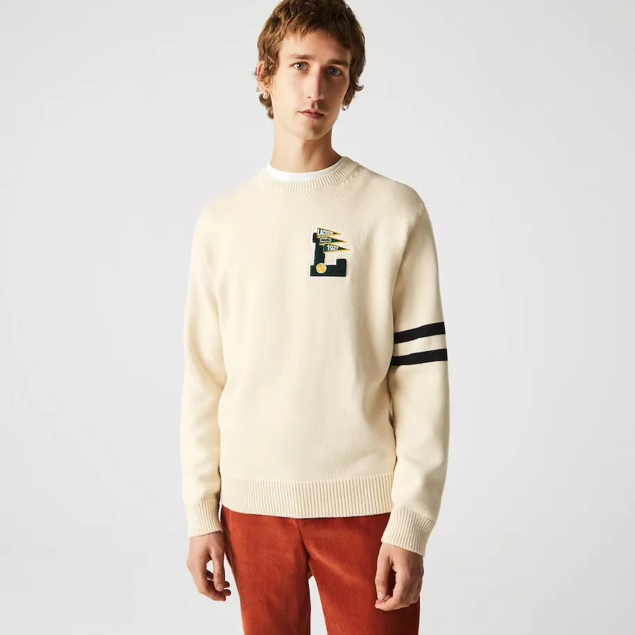 Lacoste Mens Crew Neck Pennants L Badge Wool And Cotton Sweater Beige/Navy Blue AH6789 JY1