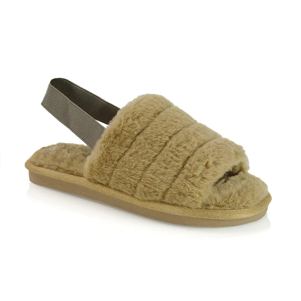 Lana Faux Fur Sling Back Ribbed Strappy Soft Cosy Fluffy Slippers in Nude