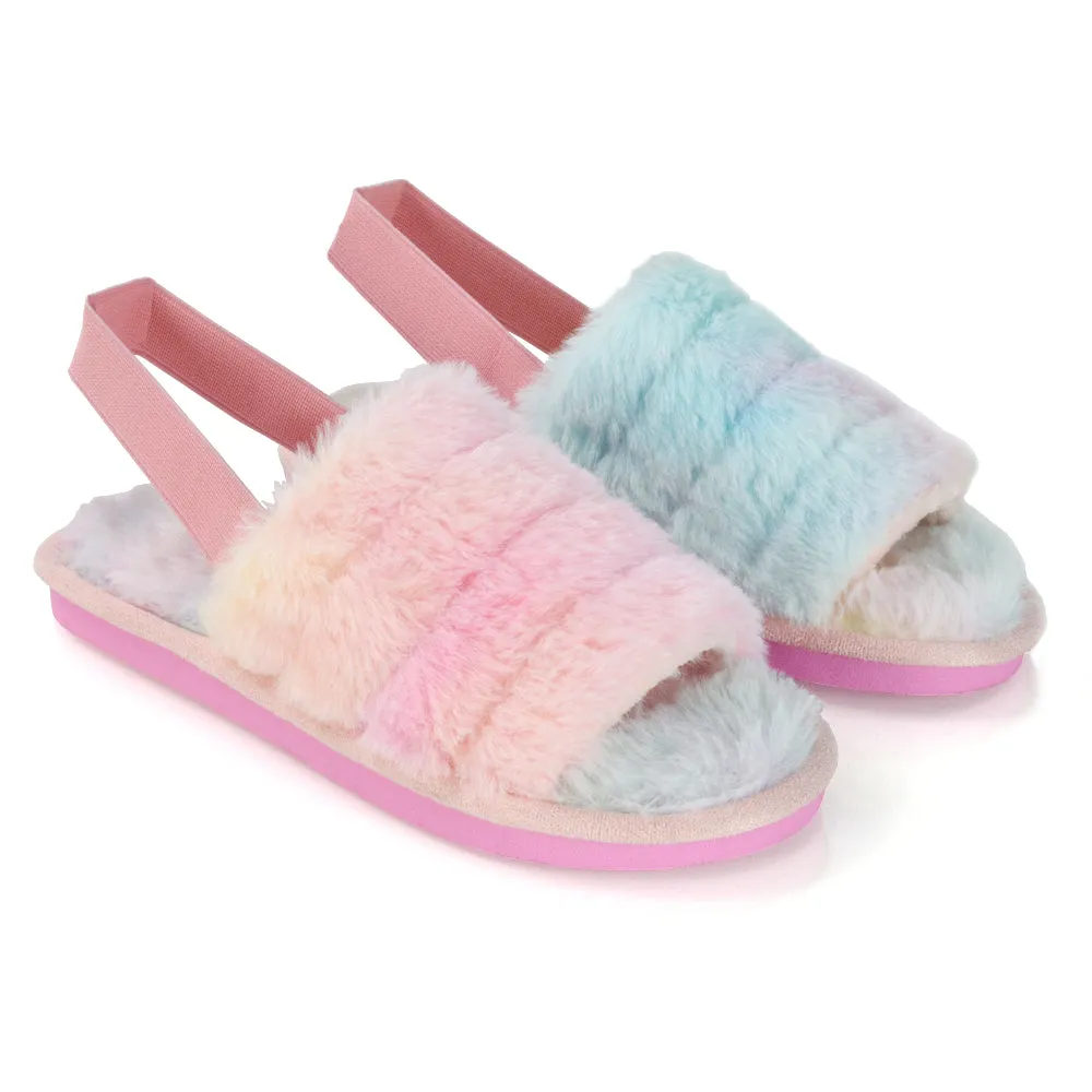 Lana Faux Fur Sling Back Ribbed Strappy Soft Cosy Fluffy Slippers in Nude