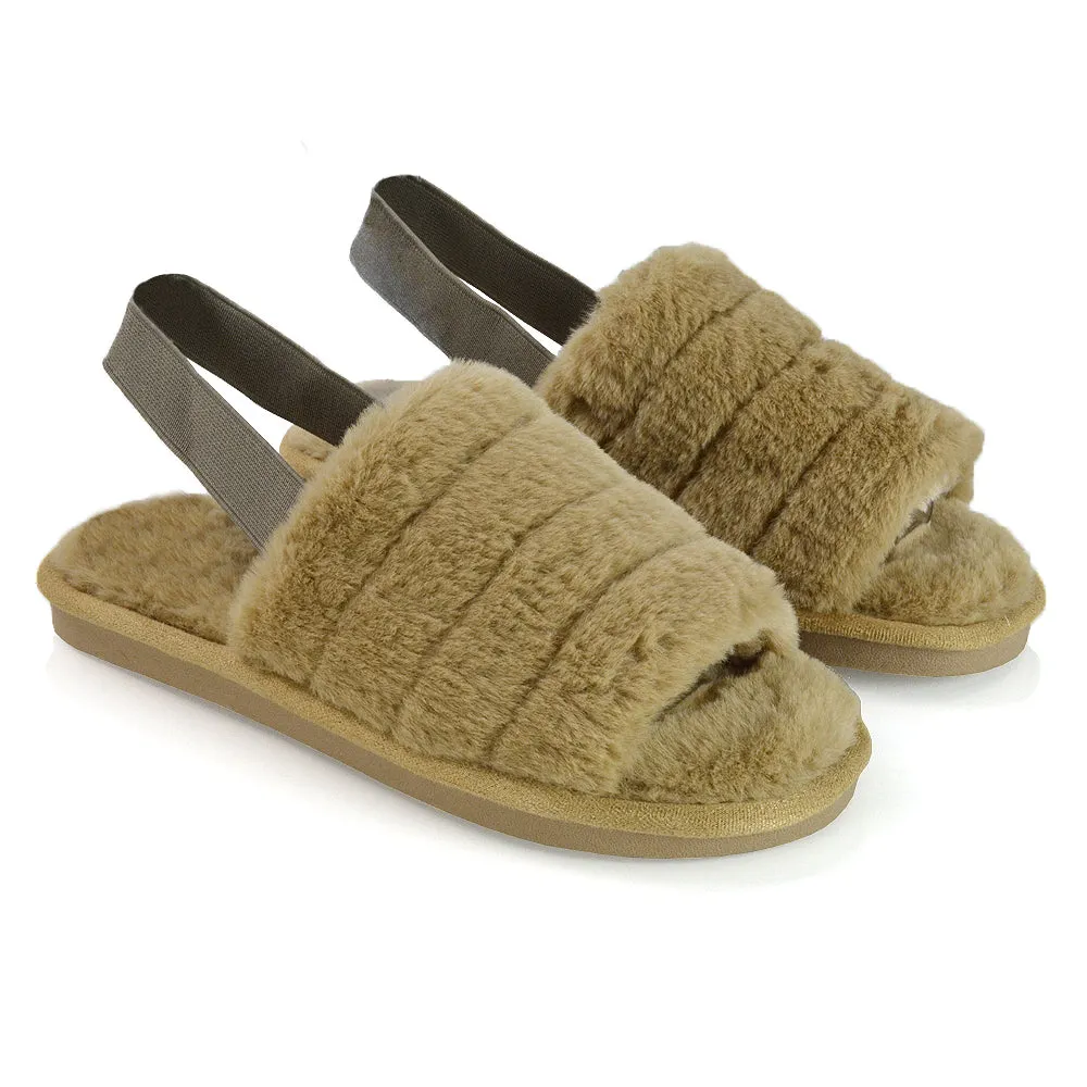 Lana Faux Fur Sling Back Ribbed Strappy Soft Cosy Fluffy Slippers in Nude