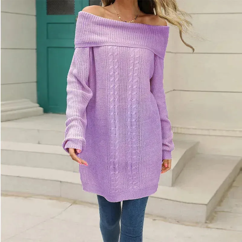 Lapel Loose Off shoulder Winter Knitted Tunic top